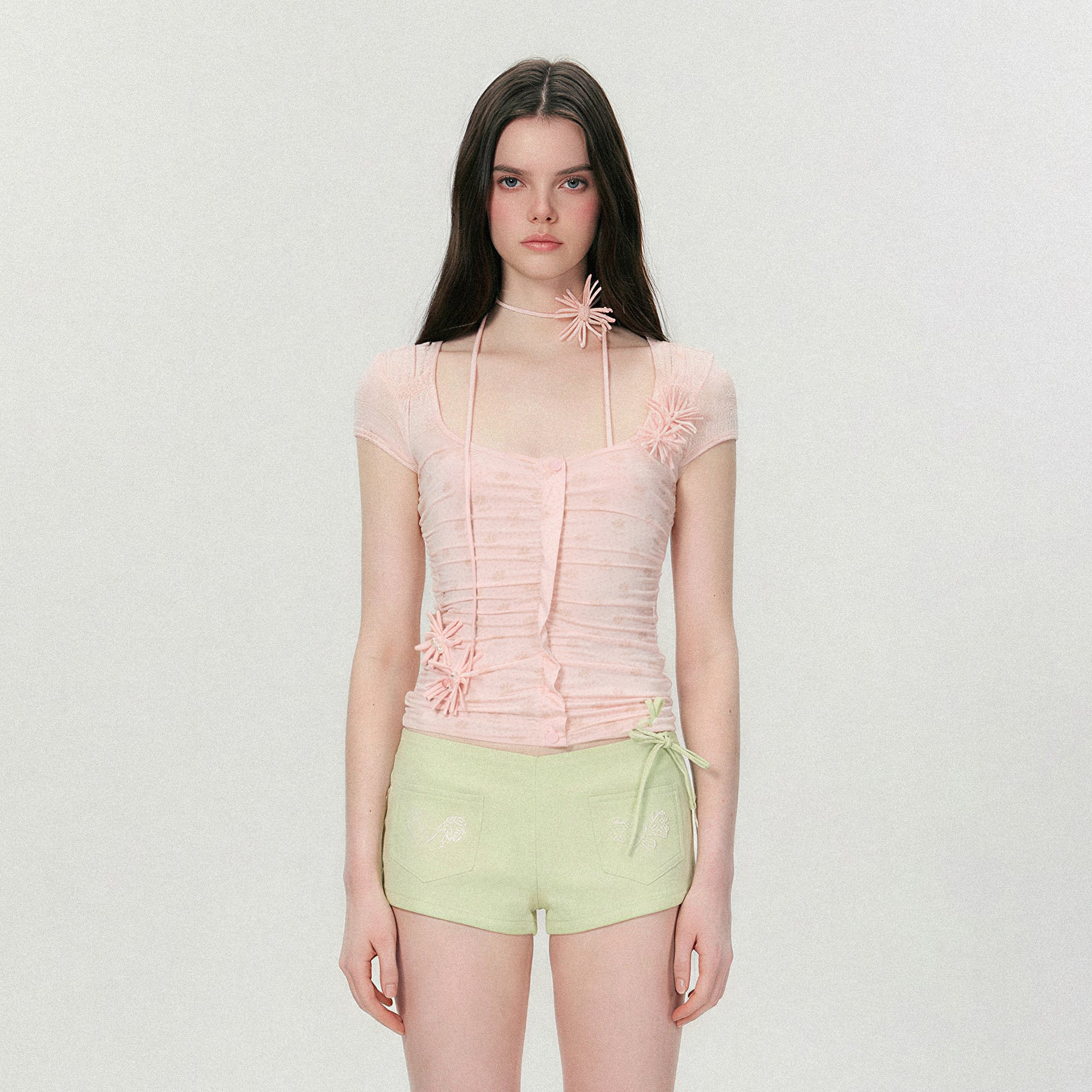 THE NEVERMORE Beaded Flower Ruched Top
