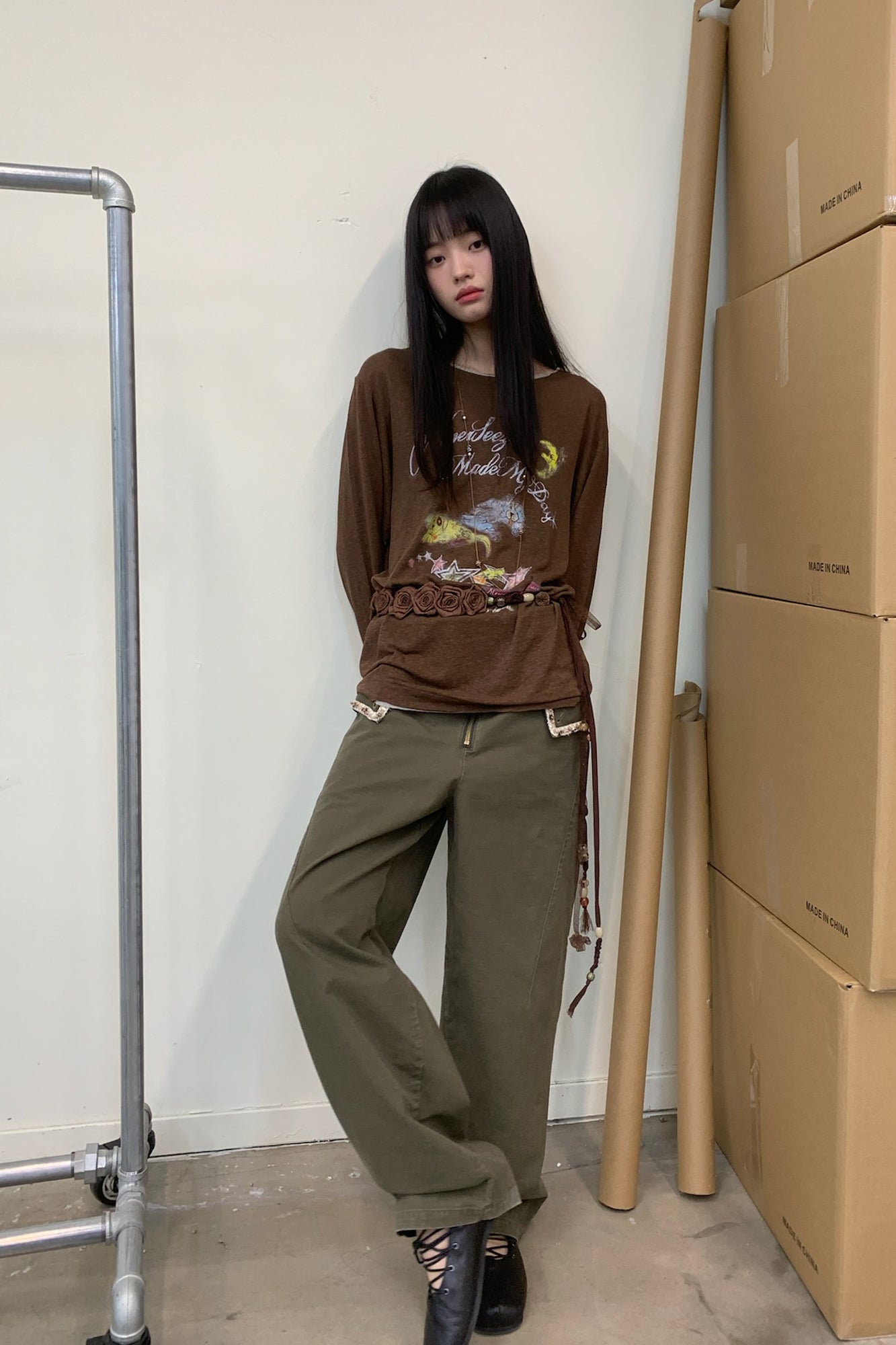 NEVERSEEZ Beaded-Trim Flap-Pocket Zip-Front Pants