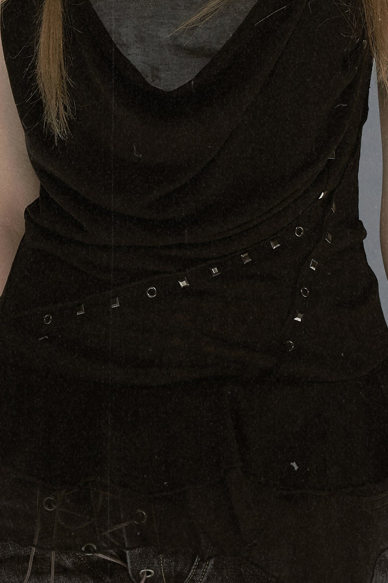 CESTNOUS Studded Lace-Up Back Ruffle-Hem Tank Top