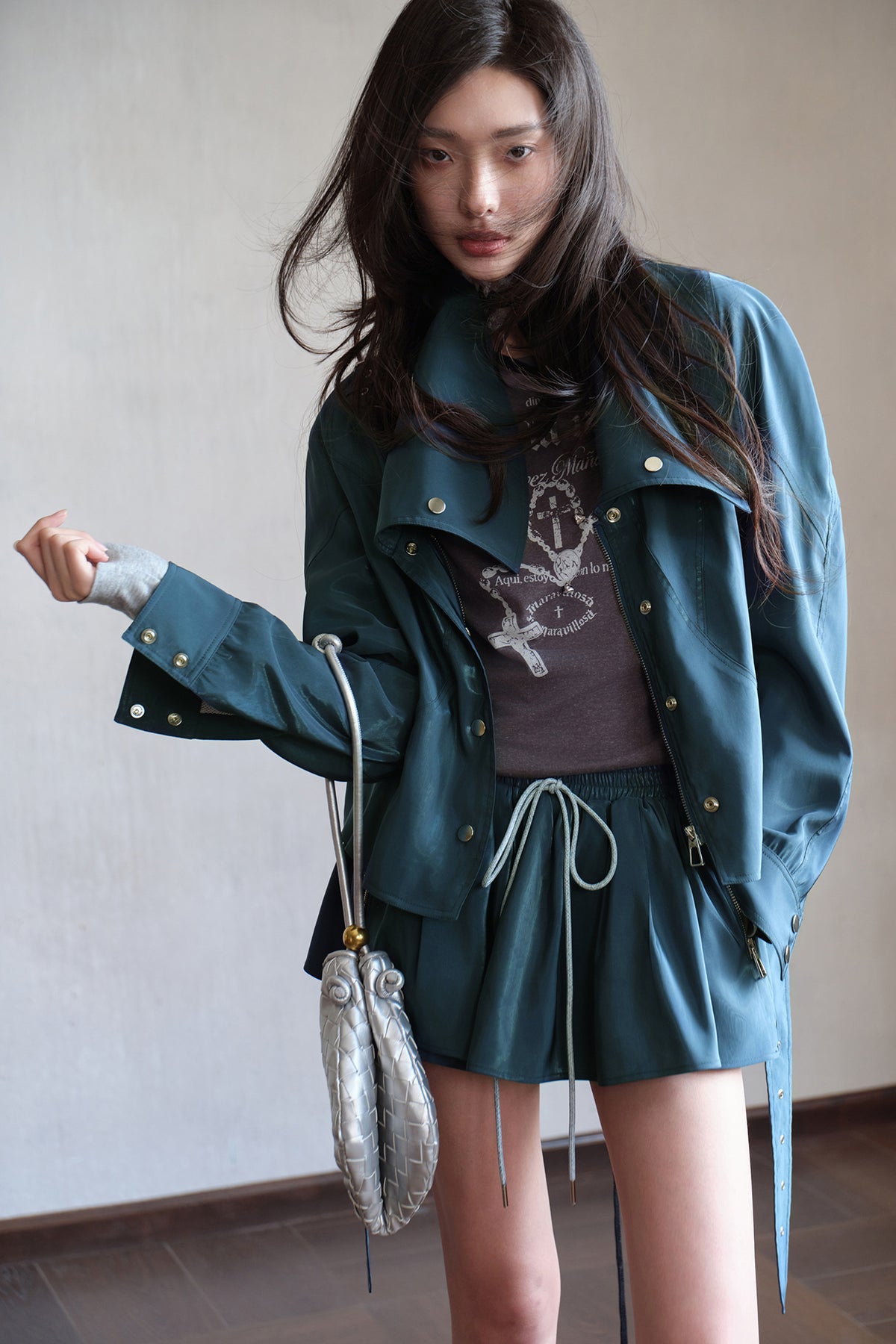 MXU Drawstring Satin Belted Jacket & Zipper Skort Set