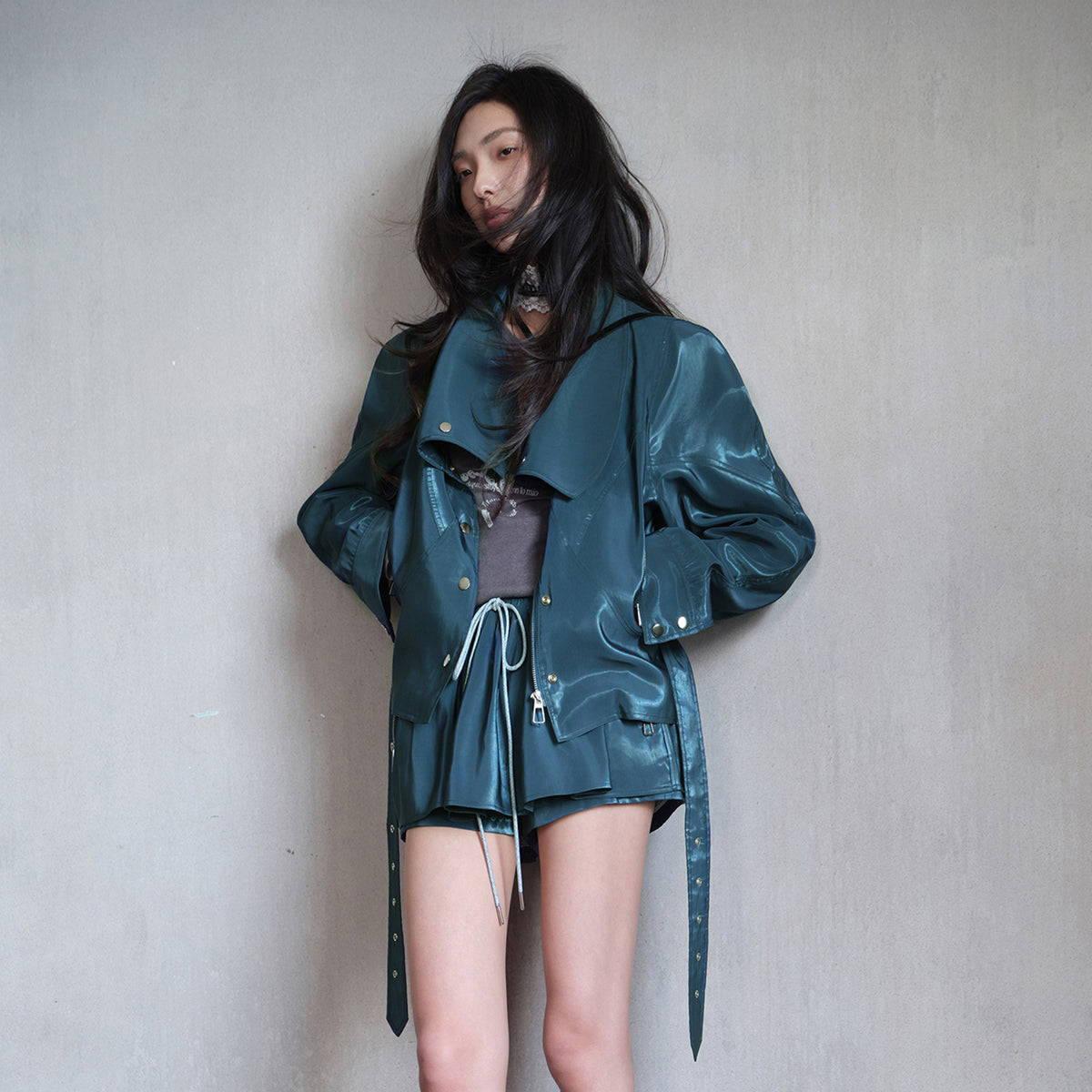 MXU Drawstring Satin Belted Jacket & Zipper Skort Set