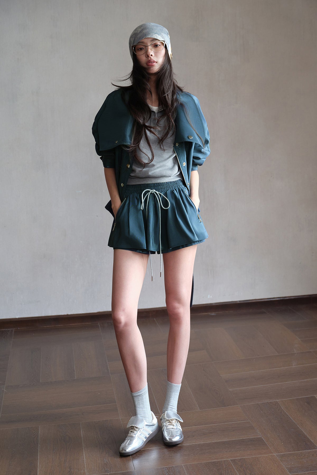 MXU Drawstring Satin Belted Jacket & Zipper Skort Set