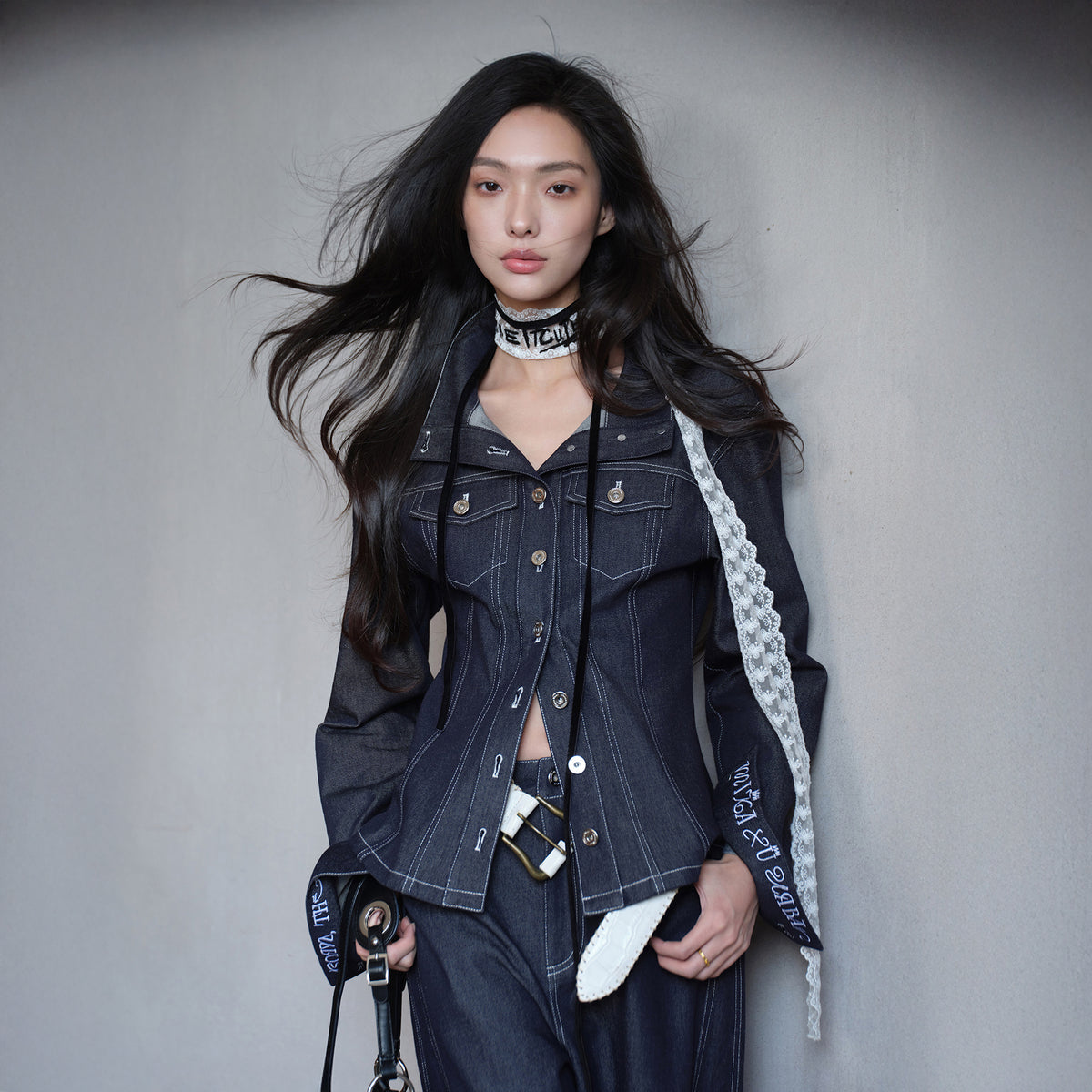 MXU Deconstructed Embroidered Silk-Cotton Cinched Denim Jacket