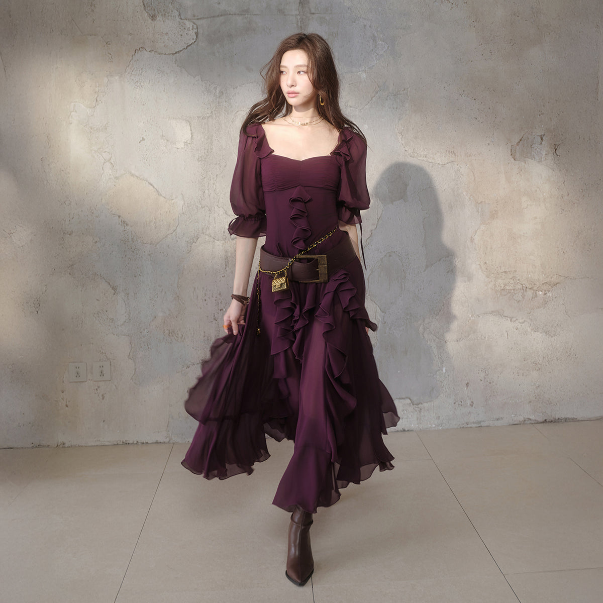 MXU Ruched Cascading-Ruffle Maxi Dress