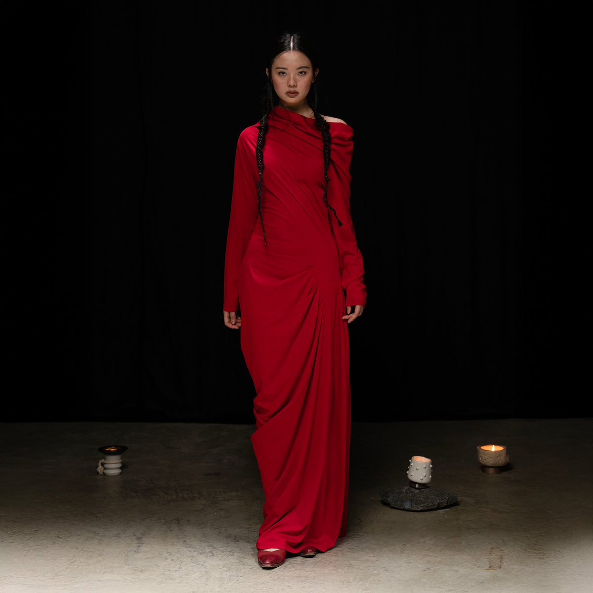 WUHEYIZUO Asymmetrical Draped Side-Ruched Maxi Dress Red