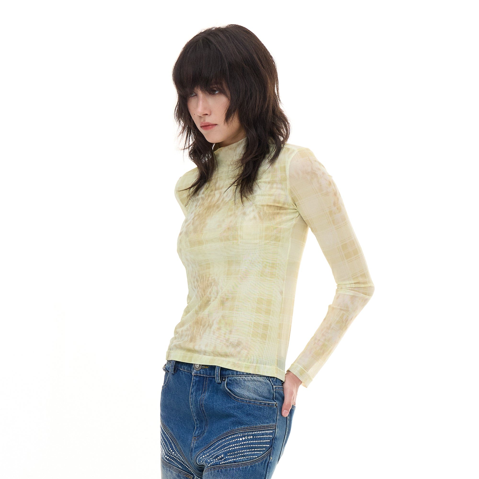 FAYCHUI Leopard Plaid Sheer Mesh Long Sleeve Tee