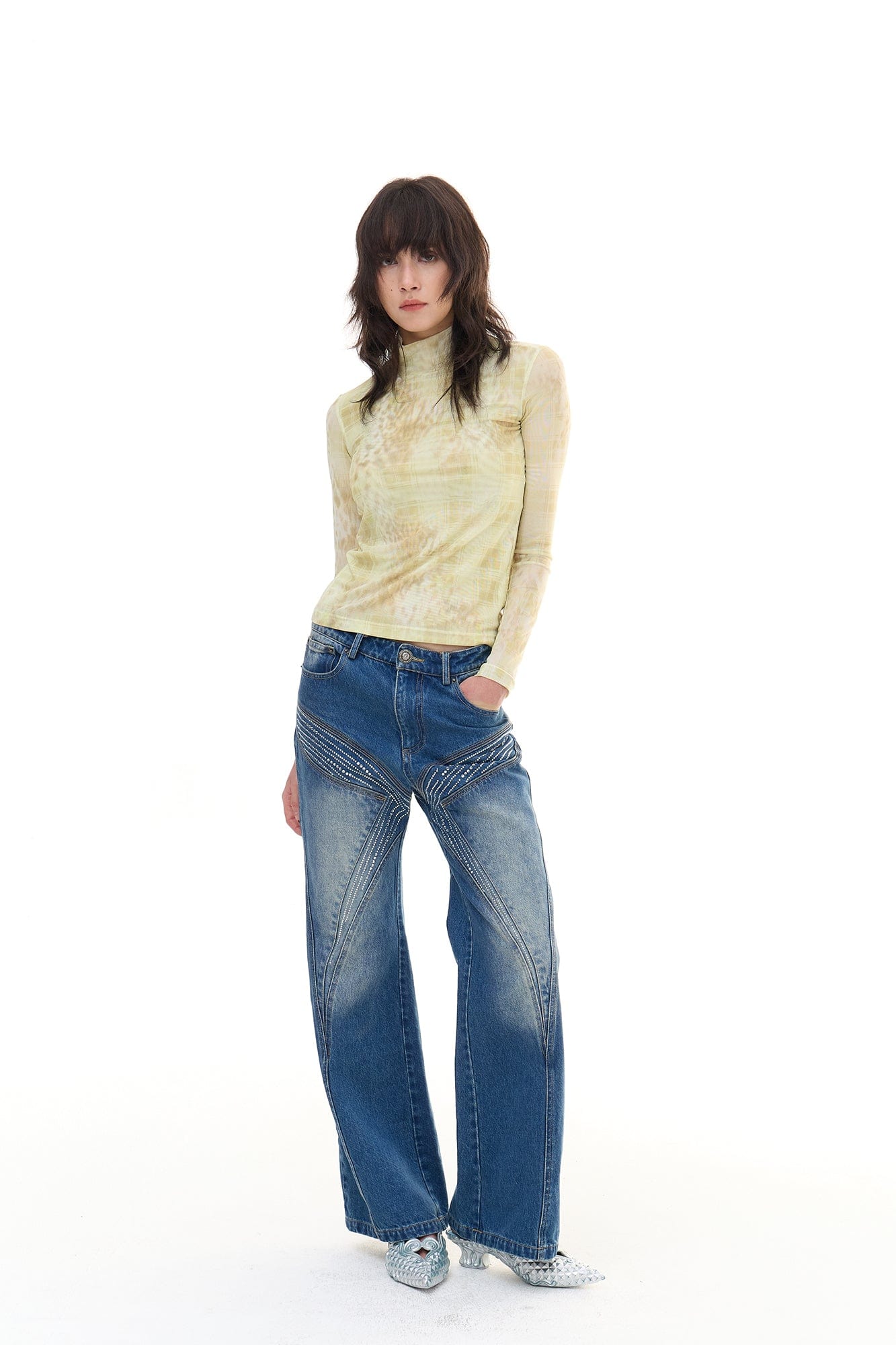 FAYCHUI Leopard Plaid Sheer Mesh Long Sleeve Tee