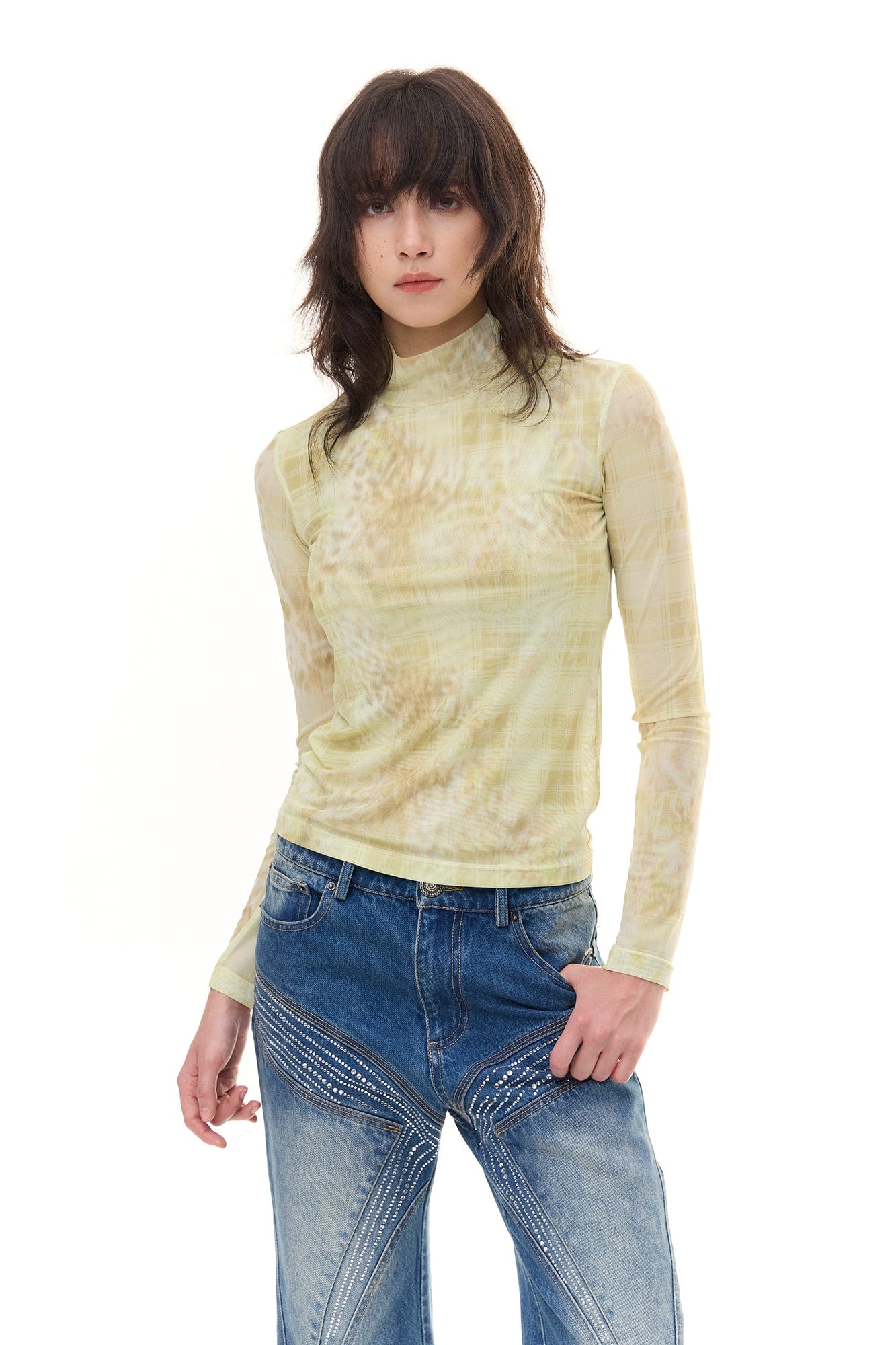 FAYCHUI Leopard Plaid Sheer Mesh Long Sleeve Tee