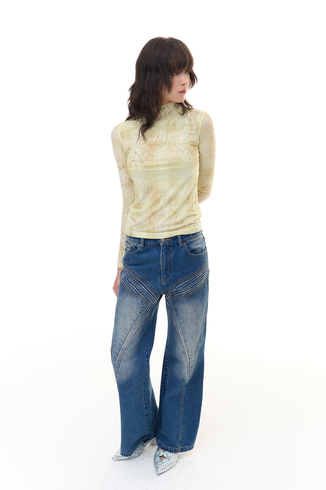 FAYCHUI Leopard Plaid Sheer Mesh Long Sleeve Tee