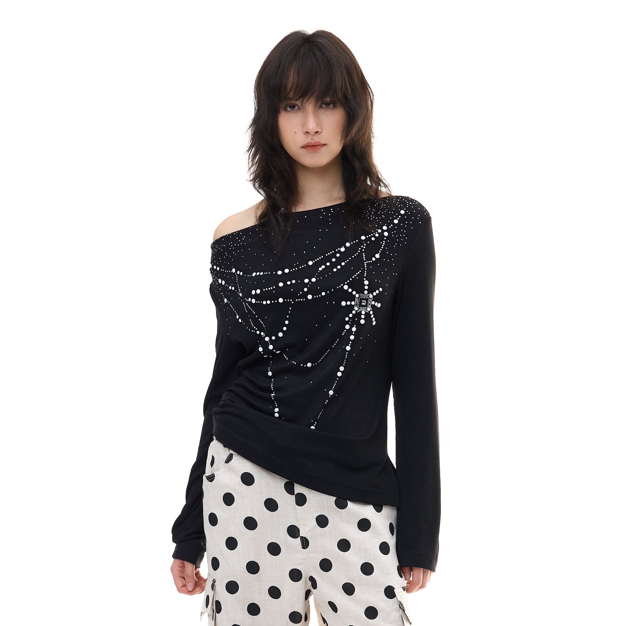 FAYCHUI Cowl Neck Pearl-Studded Long Sleeve Tee