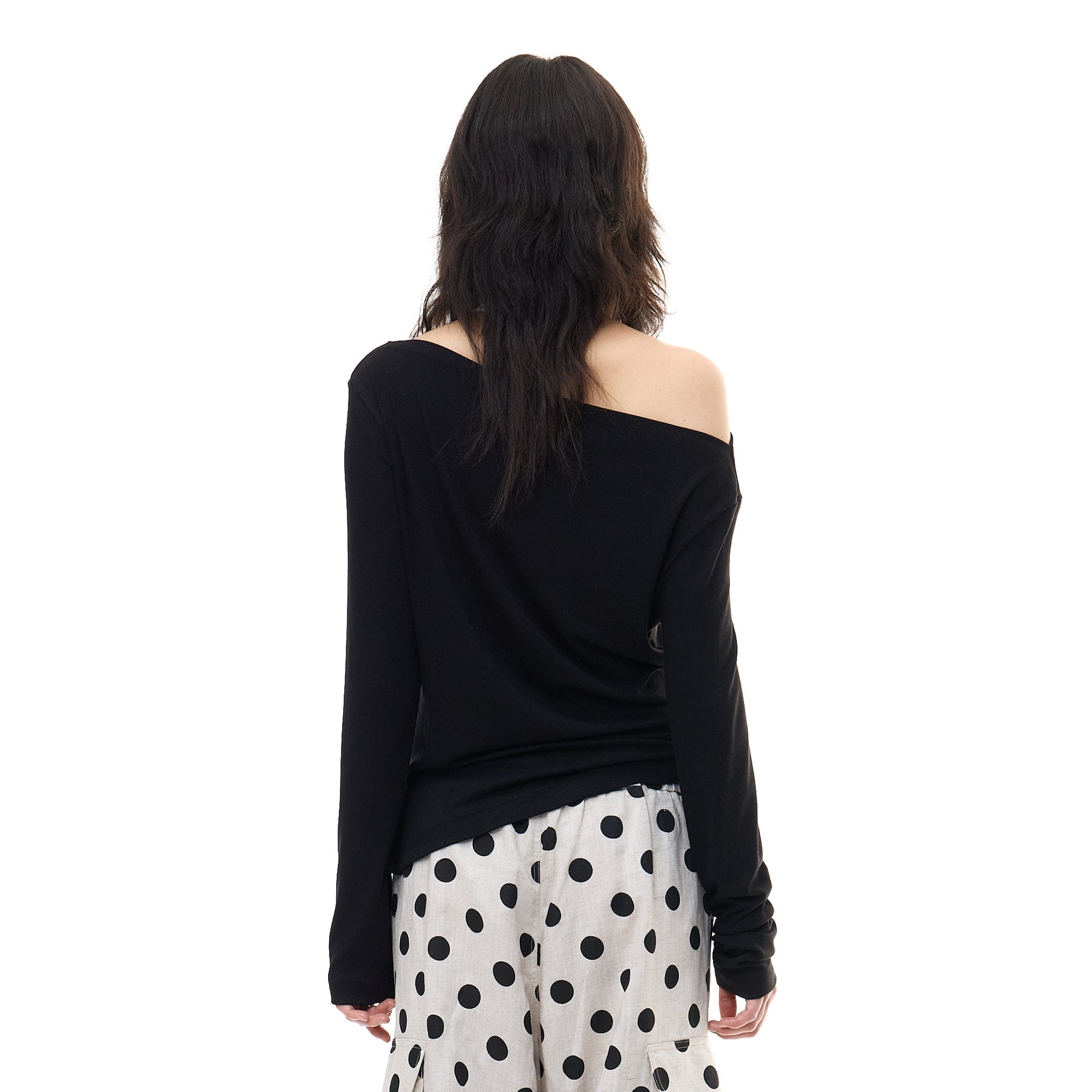 FAYCHUI Cowl Neck Pearl-Studded Long Sleeve Tee