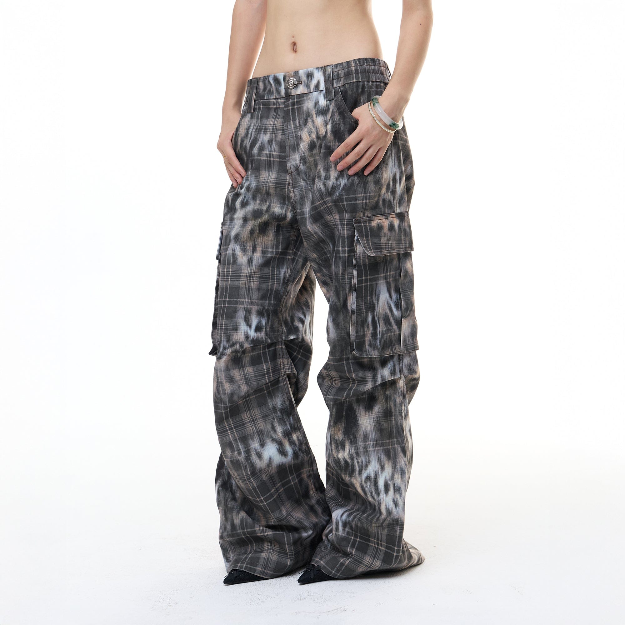 FAYCHUI Multi-Pocket Leopard Plaid Utility Pants