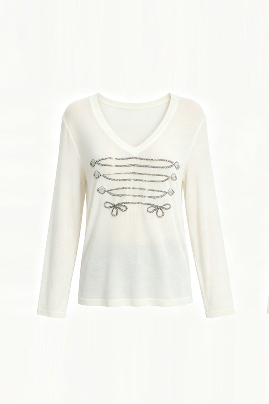 FAYCHUI Beaded Chain Bow V-Neck Long-Sleeve Tee