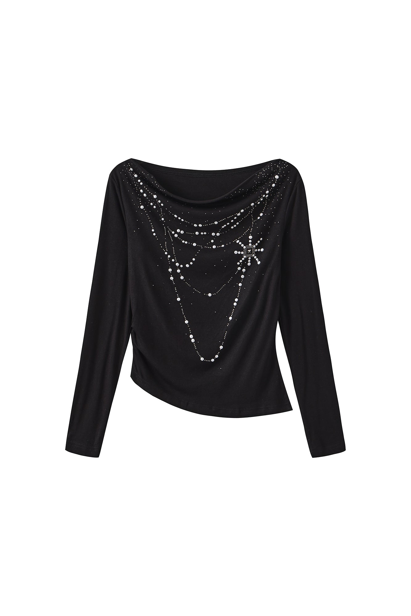 FAYCHUI Cowl Neck Pearl-Studded Long Sleeve Tee