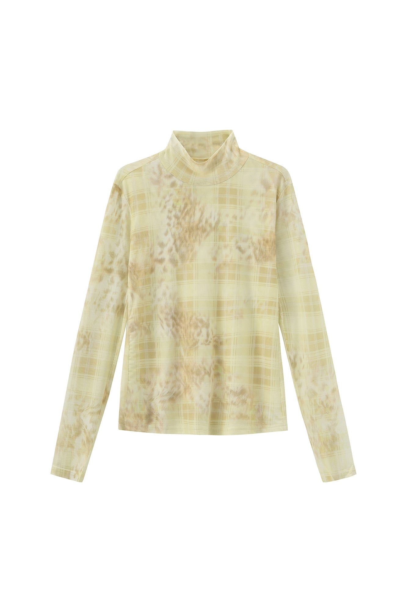 FAYCHUI Leopard Plaid Sheer Mesh Long Sleeve Tee