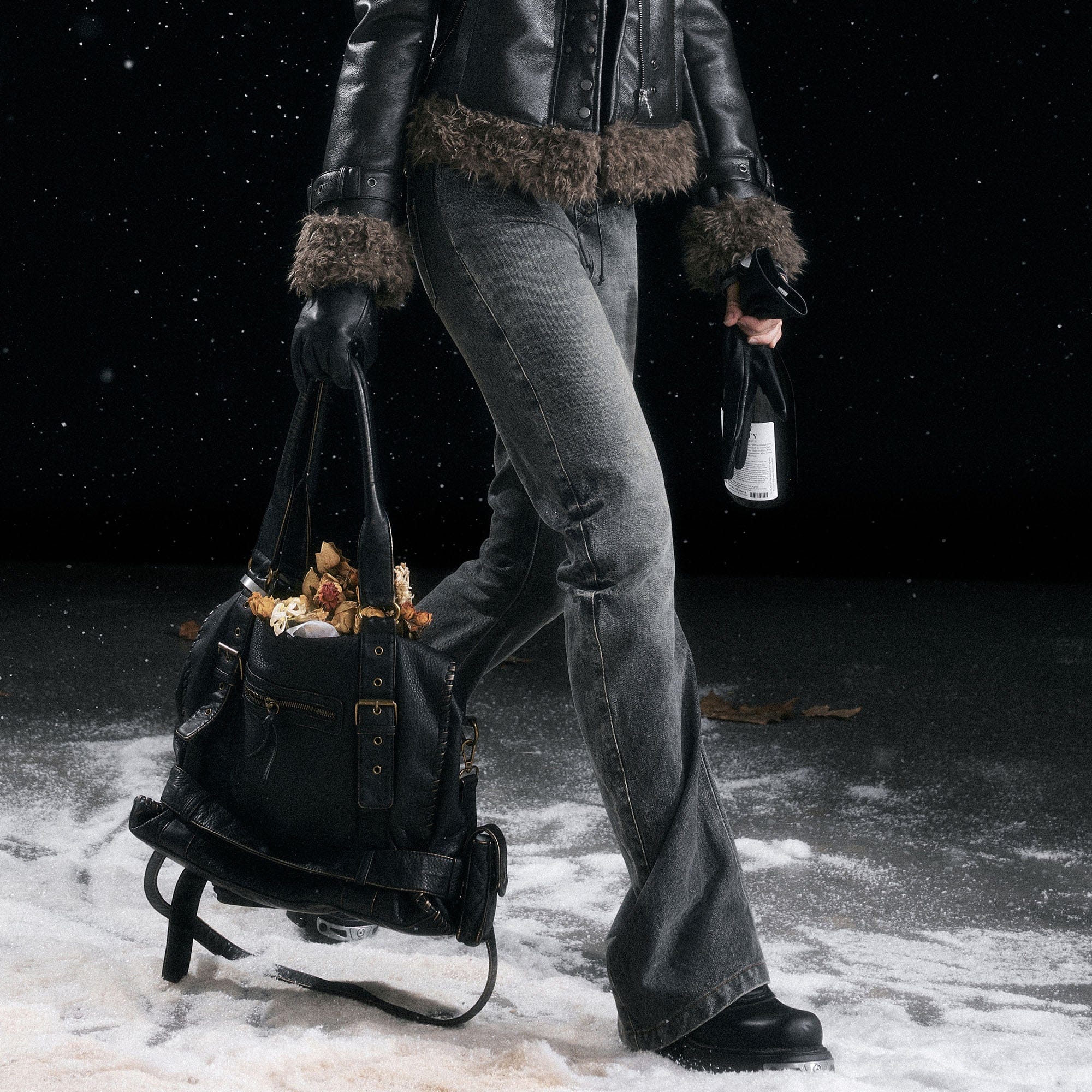 CESTNOUS Faux Leather Corset Waist Washed Jeans