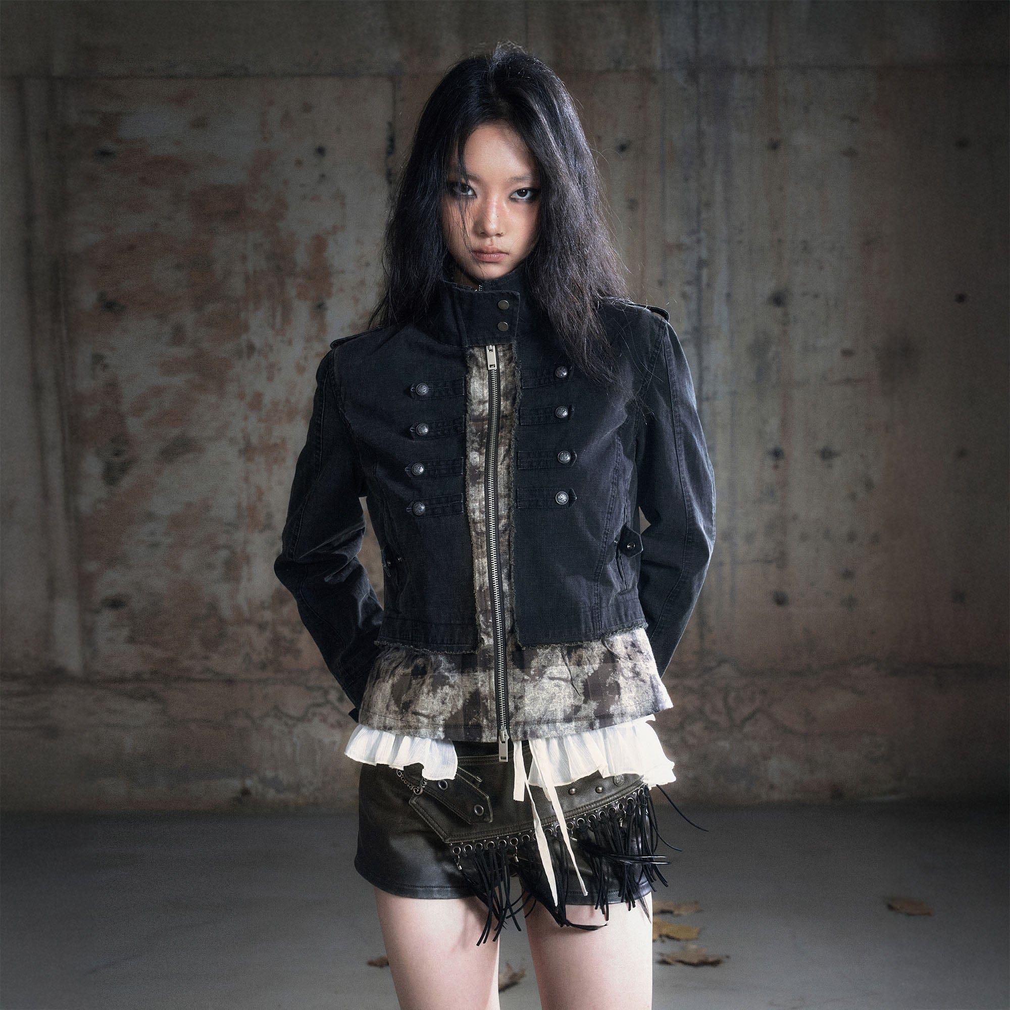 CESTNOUS Washed Camo Layered Cropped Jacket