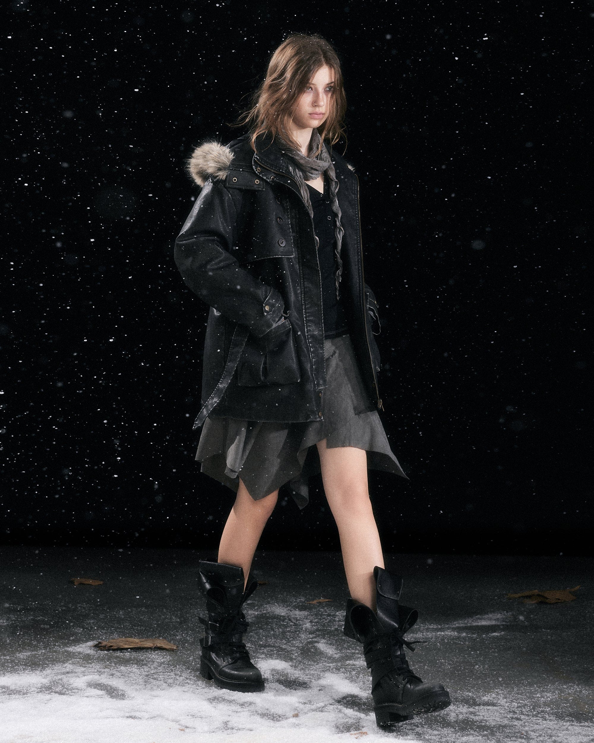 CESTNOUS Distressed Faux-Fur Hood PU Parka Jacket