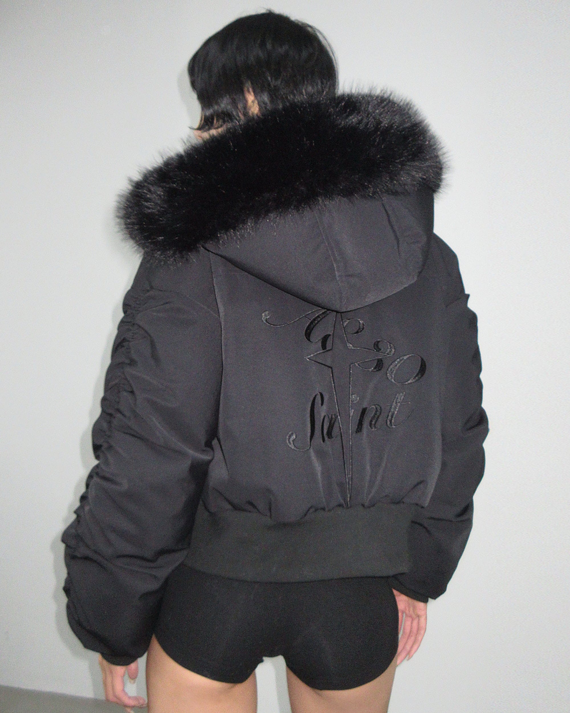 AE30 SAINT Detachable Trim Embroidery Ruched-Sleeve Down Jacket