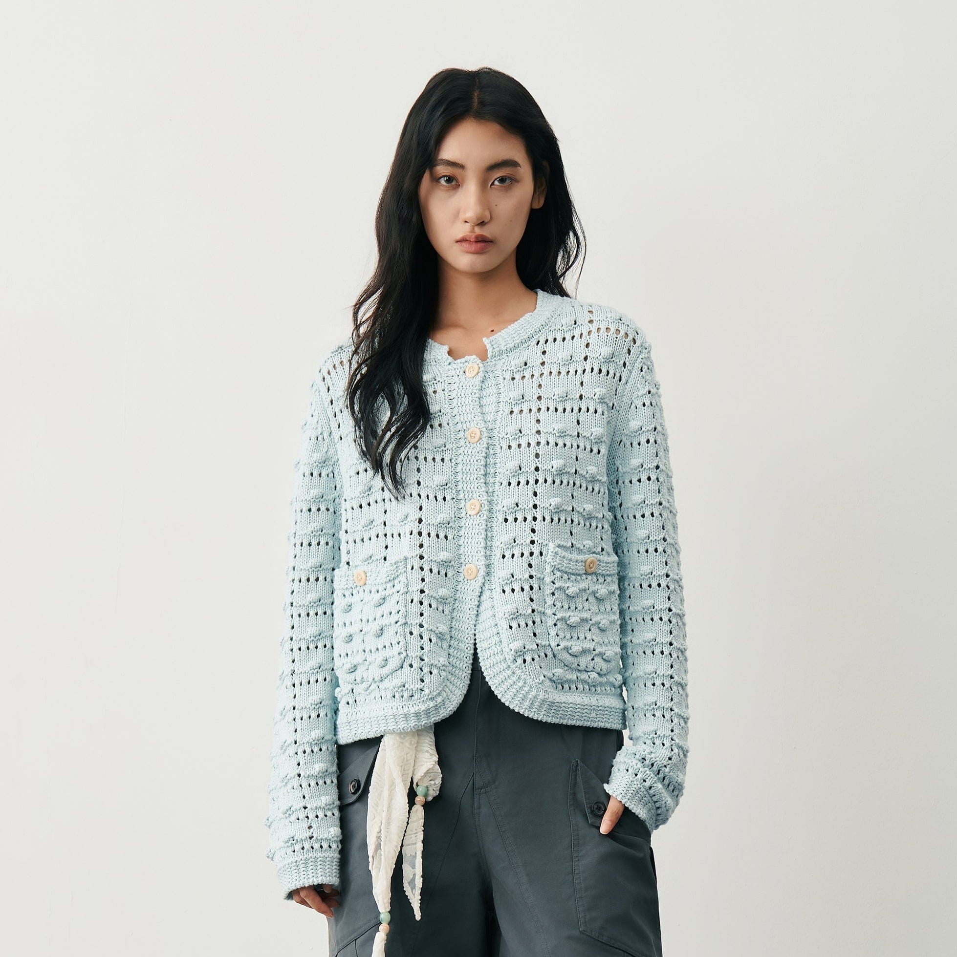 SAME FLOW Hollow Woven Bubble Knit Cardigan