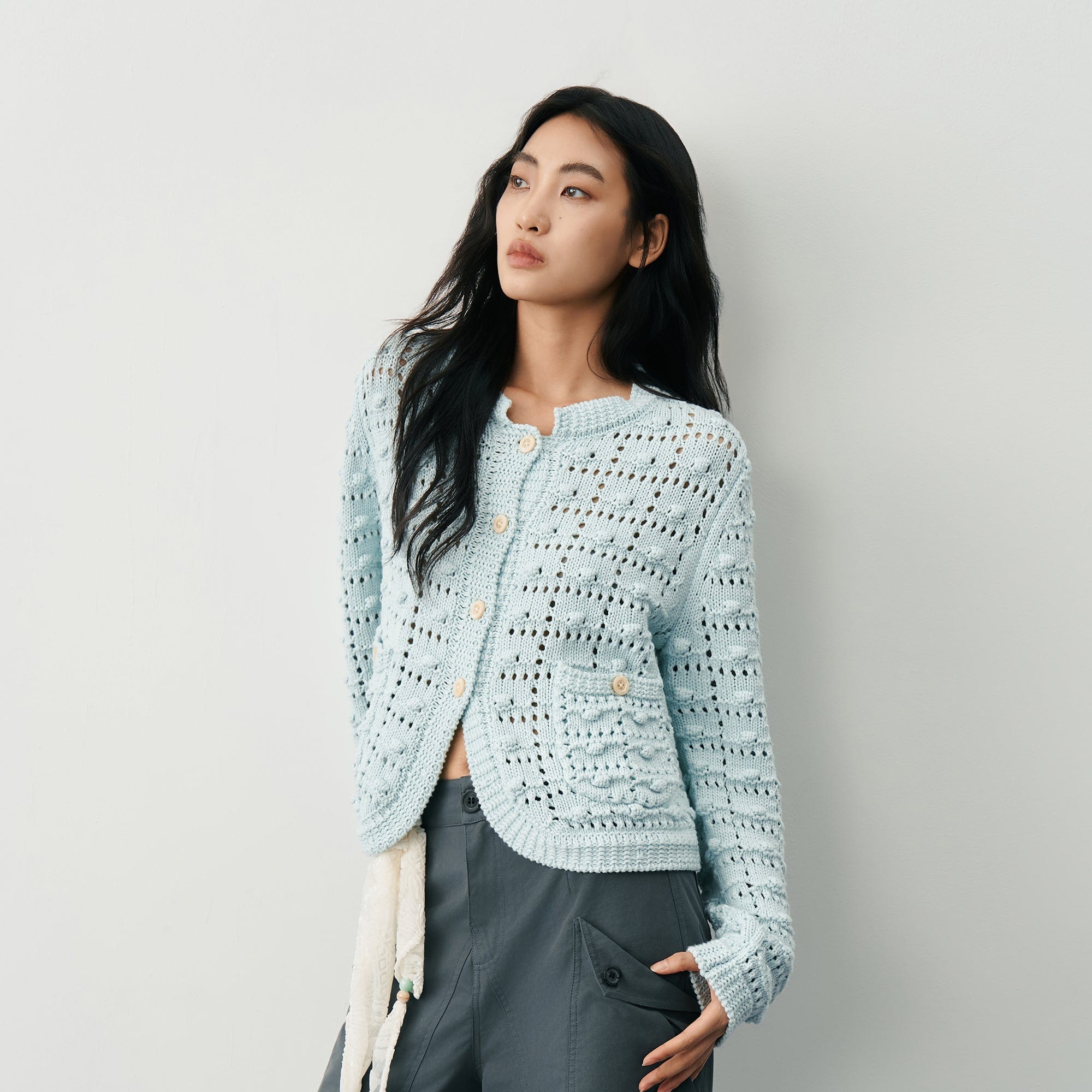 SAME FLOW Hollow Woven Bubble Knit Cardigan