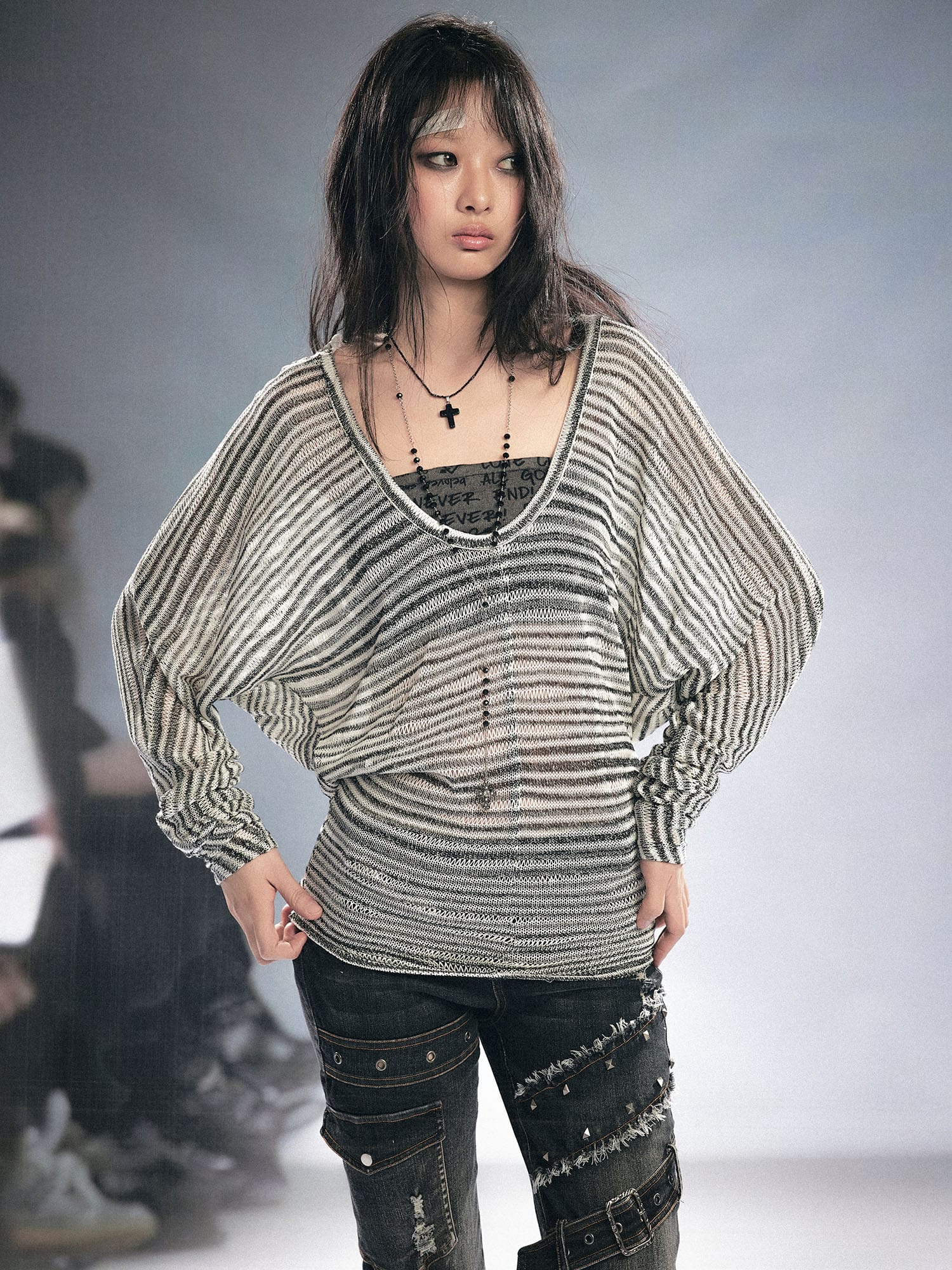 CESTNOUS Striped Sheer Hooded Long-Sleeve Tee