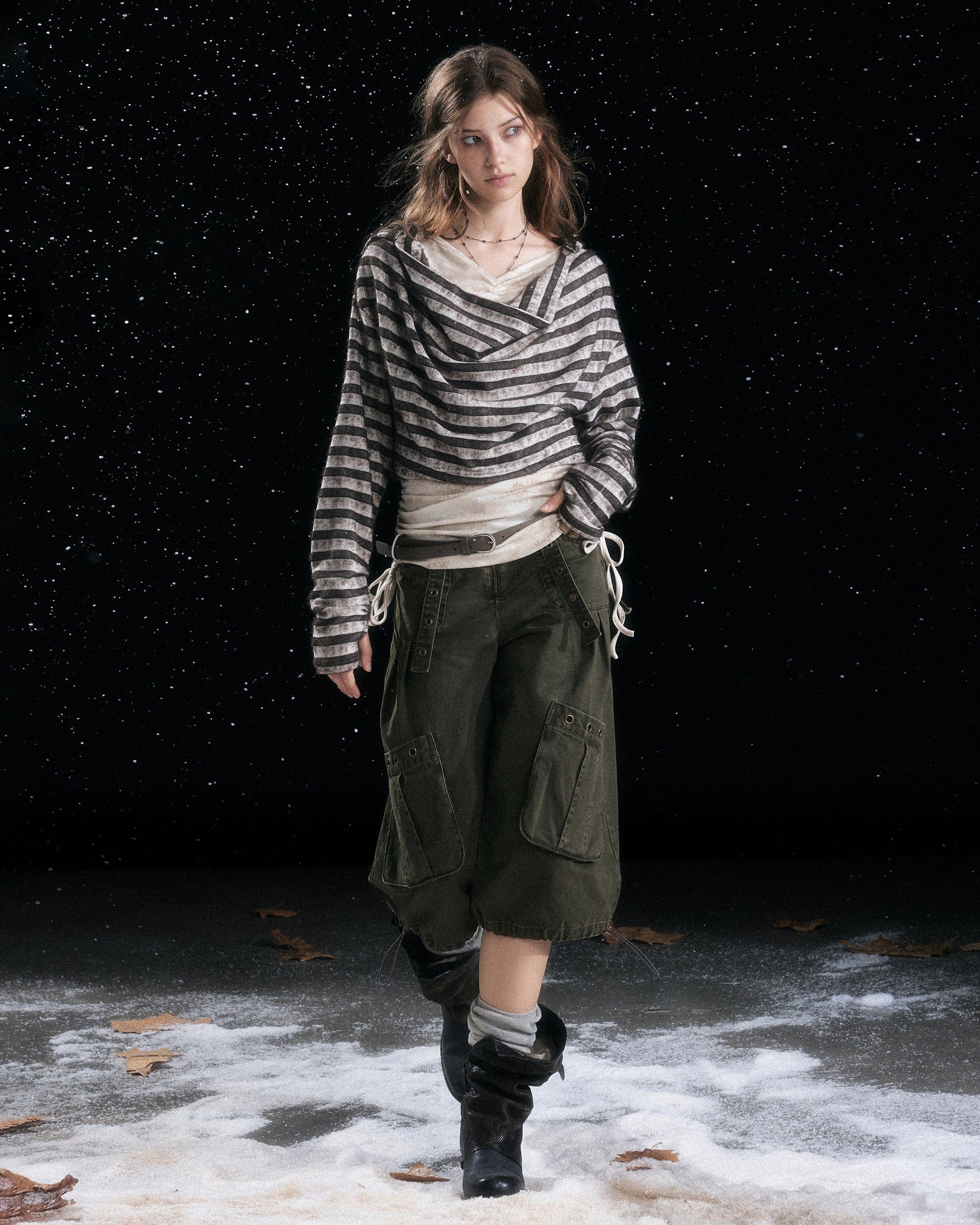 CESTNOUS Distressed Drape Layered Hooded Long-Sleeve Tee