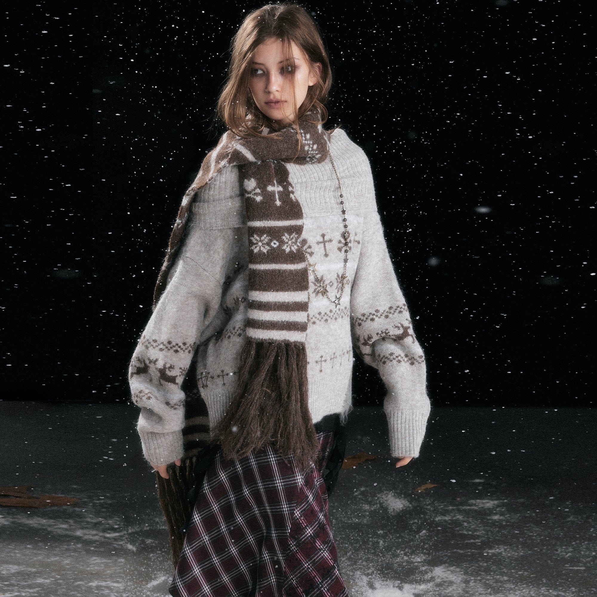 CESTNOUS Fair Isle Jacquard Fringe Scarf