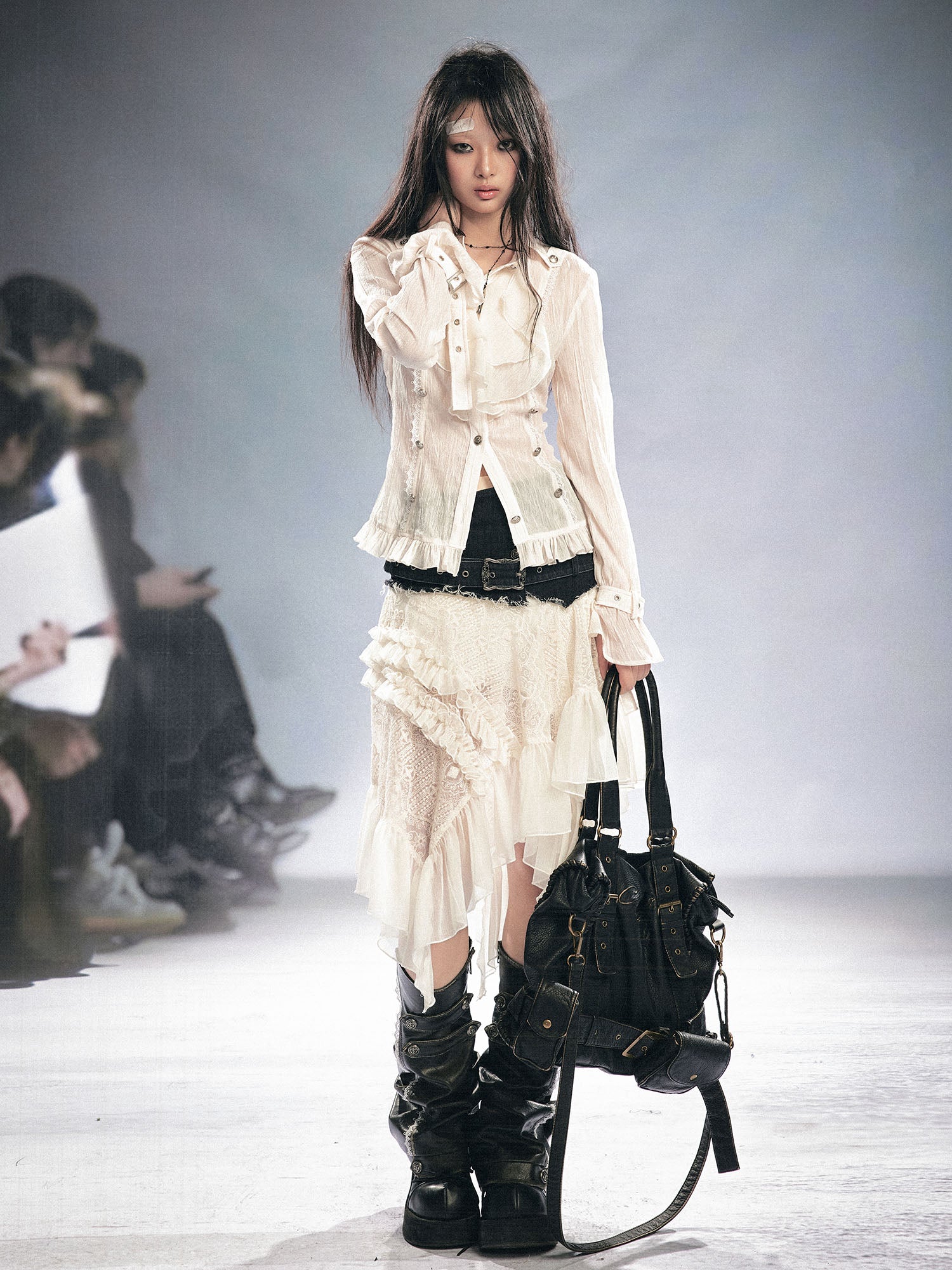 CESTNOUS Crinkled Ruffle Sheer Blouse