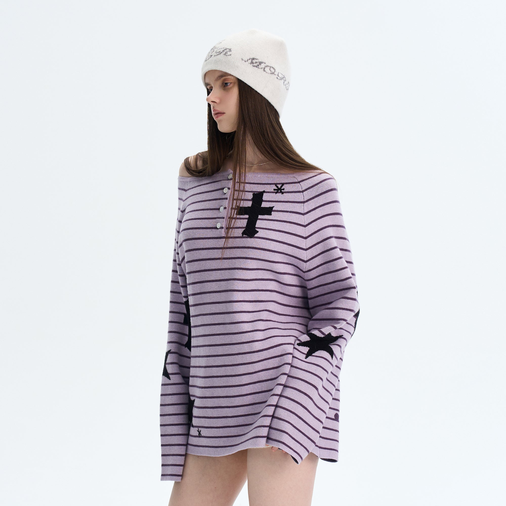 THE NEVERMORE Reversible Striped Cross-Star Knit Pullover