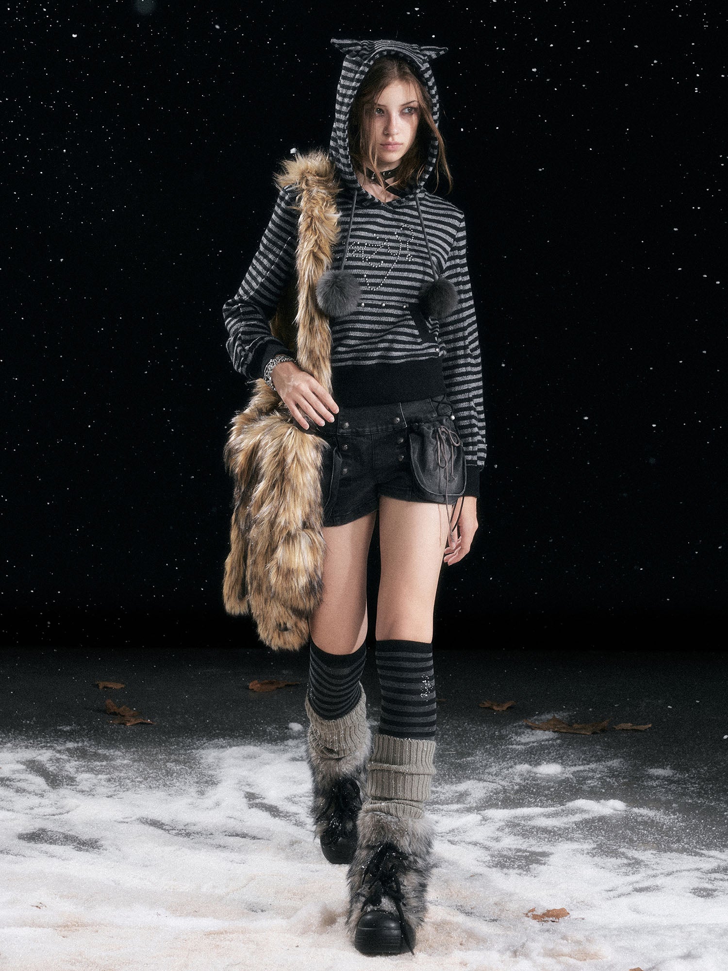 CESTNOUS Studded Striped Cat-Ear Hoodie