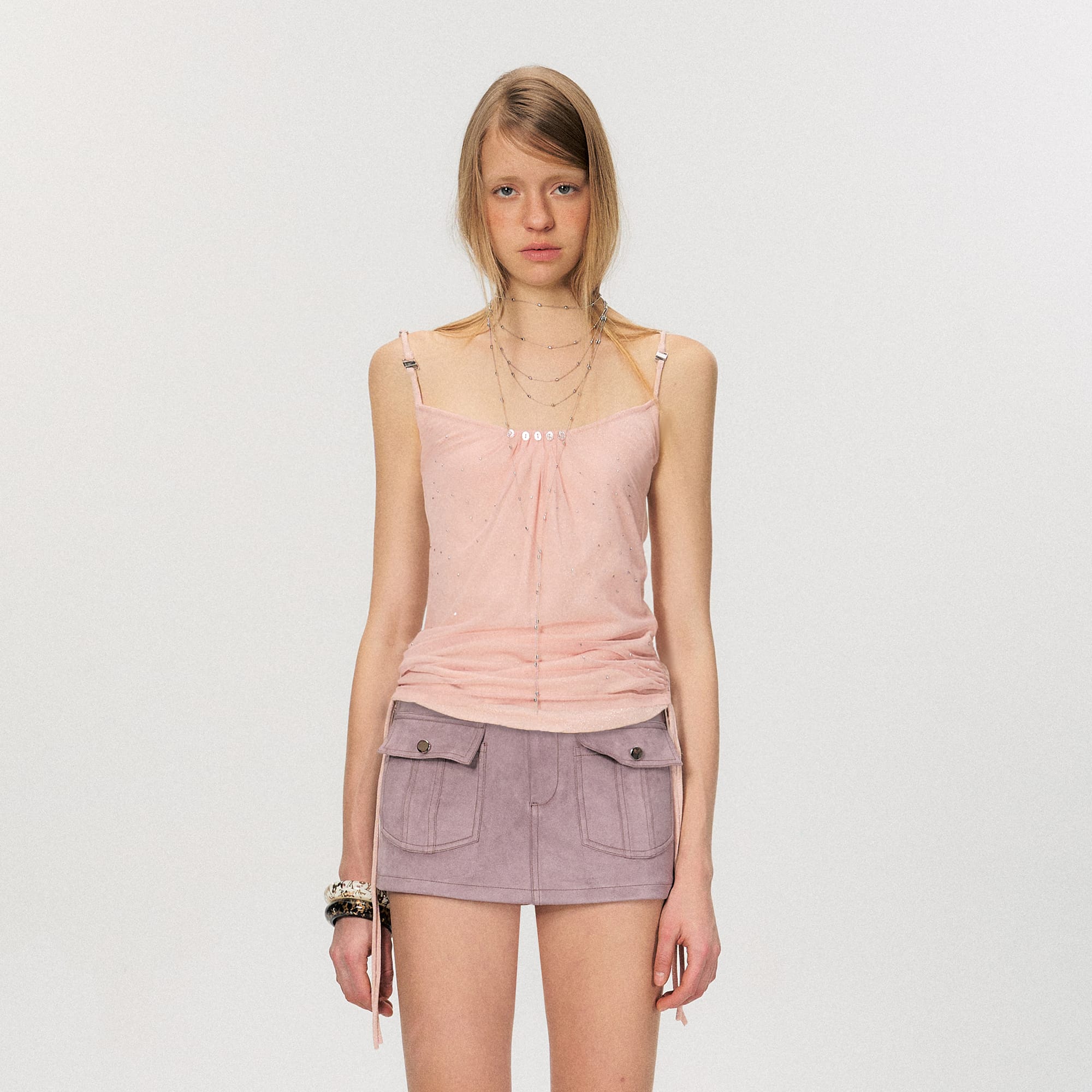 THE NEVERMORE Ruched Hem Adjustable Sequin Cami Top