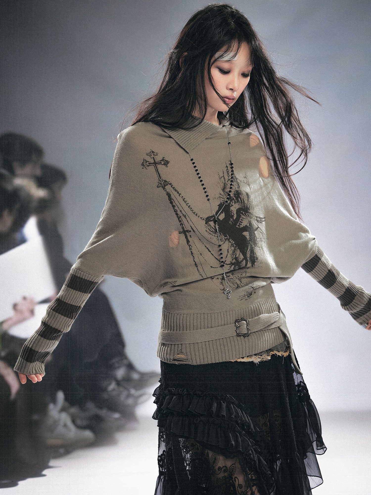 CESTNOUS Gothic Graphic Striped Bat-Sleeve Sweater