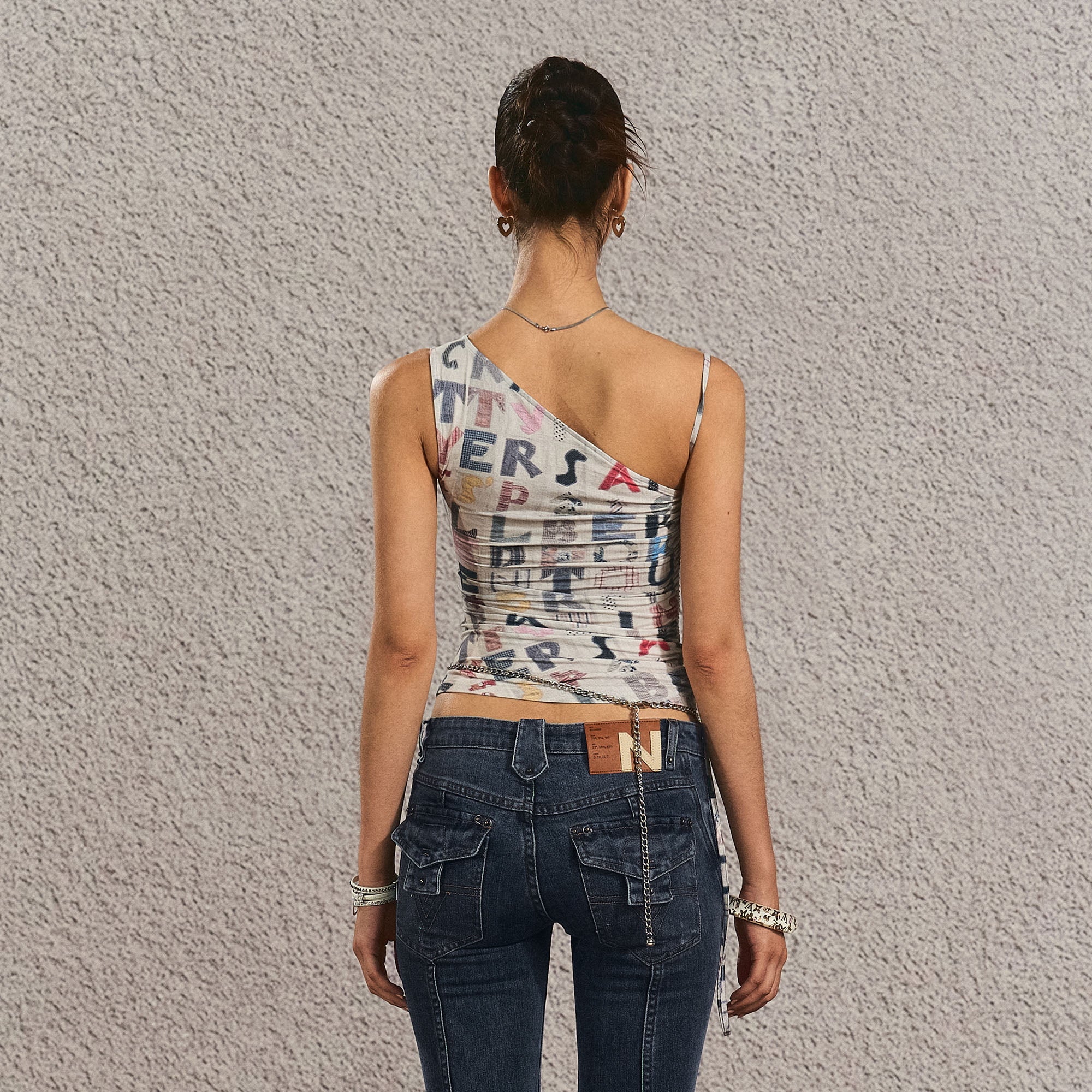 THE NEVERMORE Asymmetrical Side Drawstring Full-Print Top