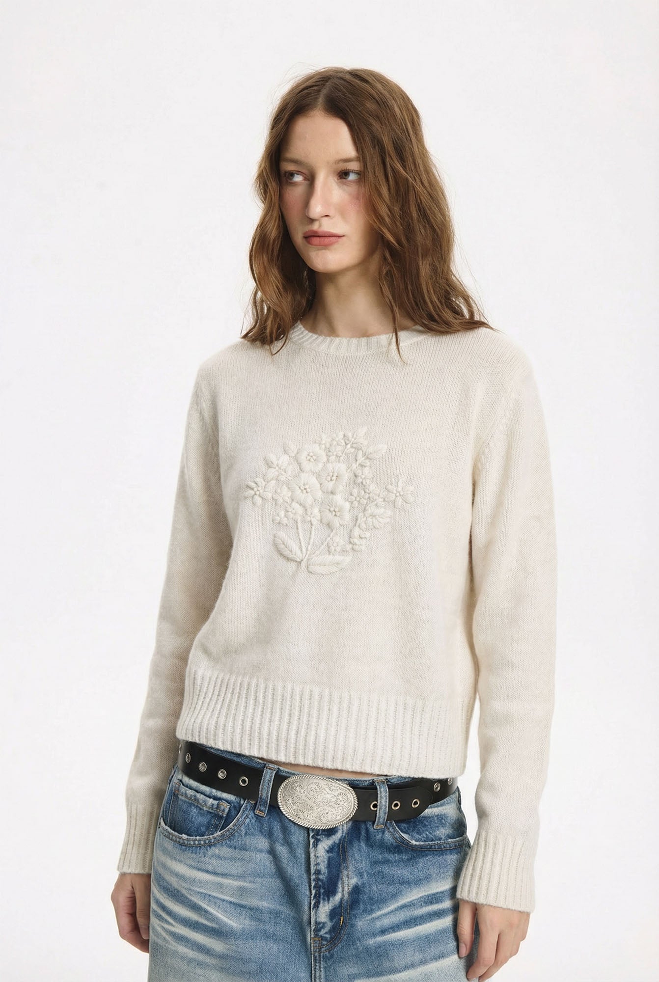 LEONSENSE Floral Embroidered Wool-Blend Sweater