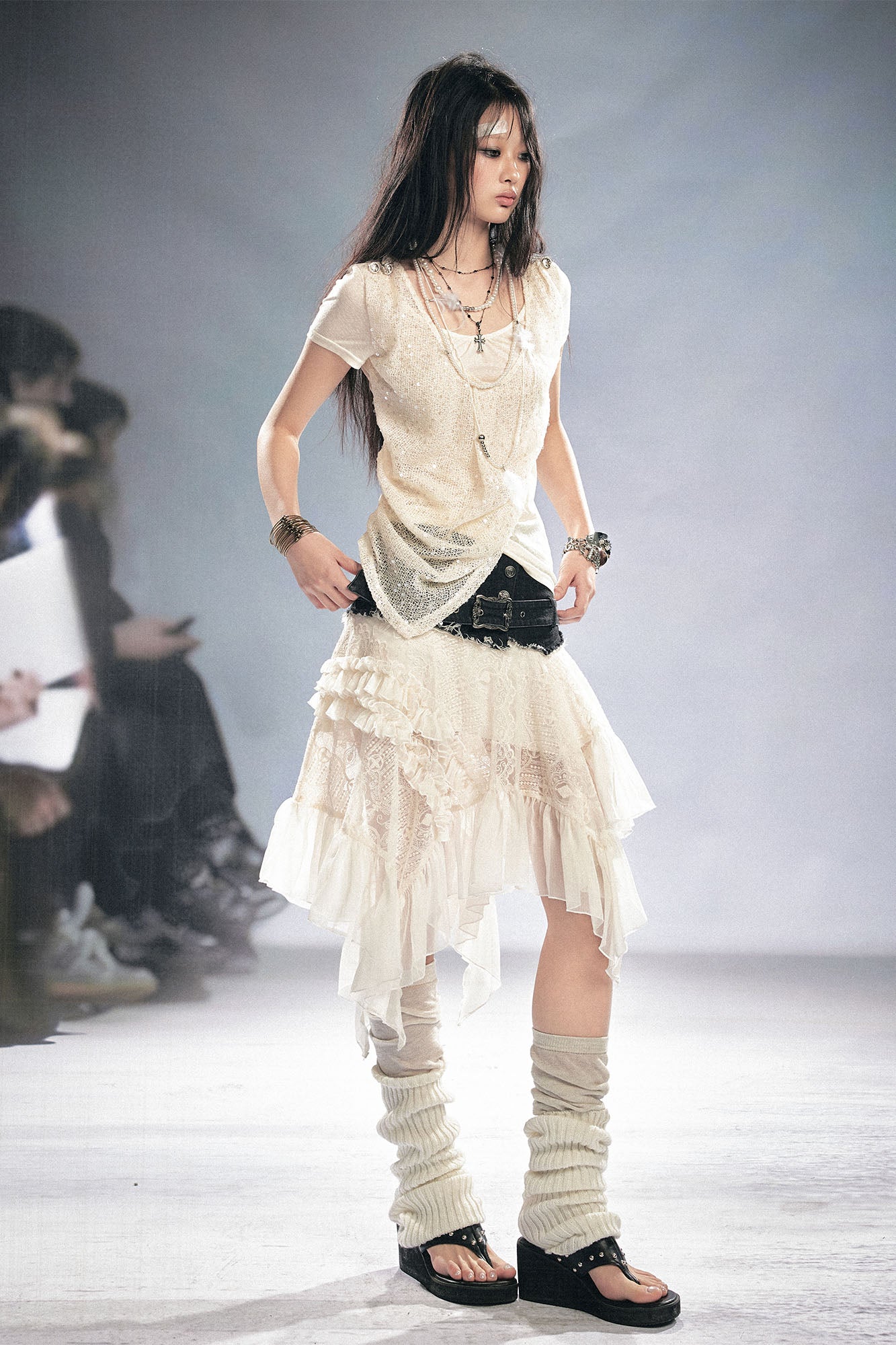 CESTNOUS Denim Belt-Waist Lace Ruffle Asym Skirt