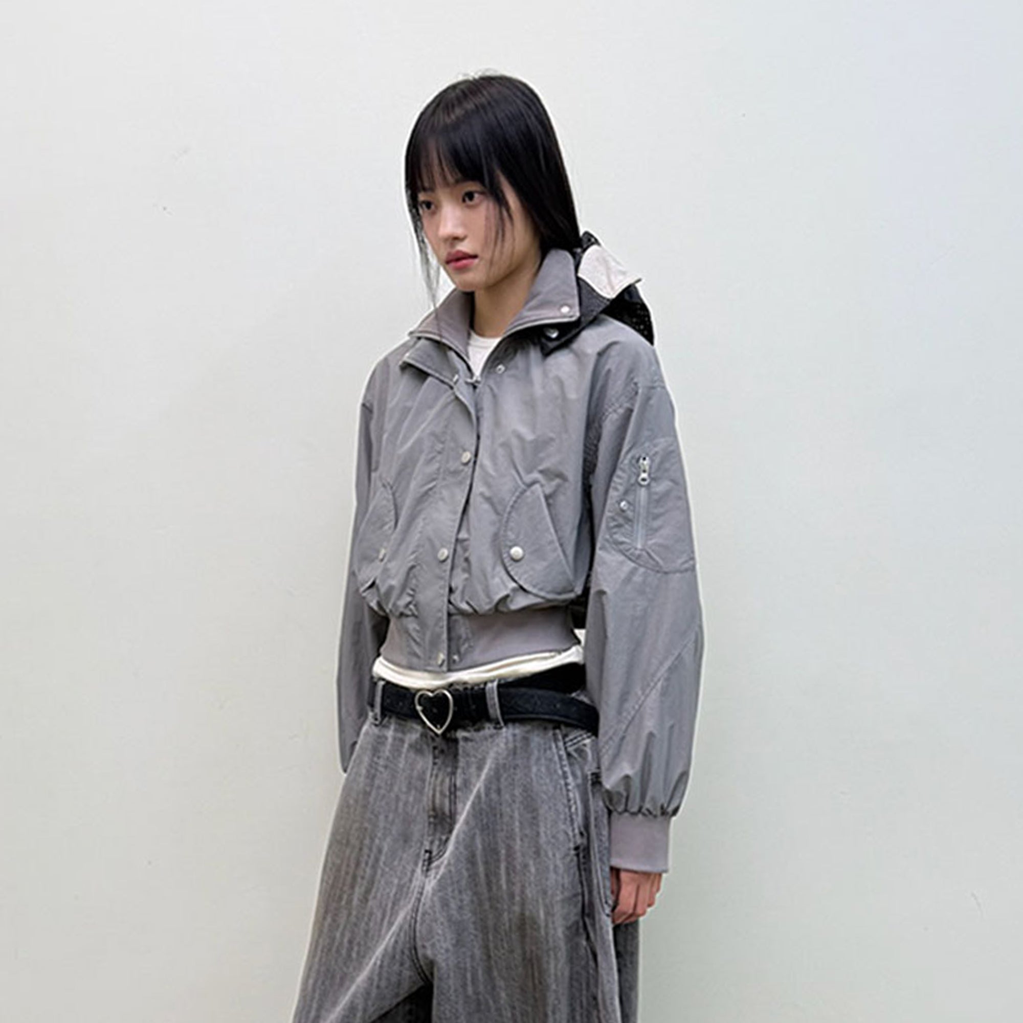 NEVERSEEZ Ruched-Back Cropped Bomber Jacket