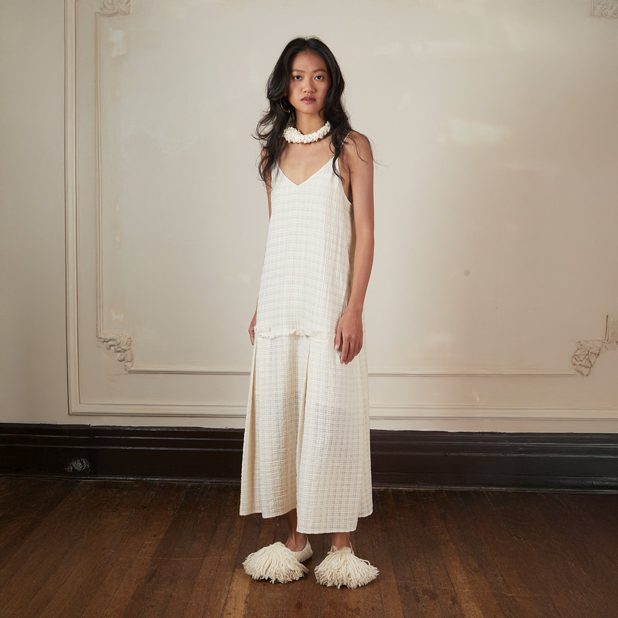 CAIRA Crinkled Frayed Seam Drop-Waist Maxi Dress