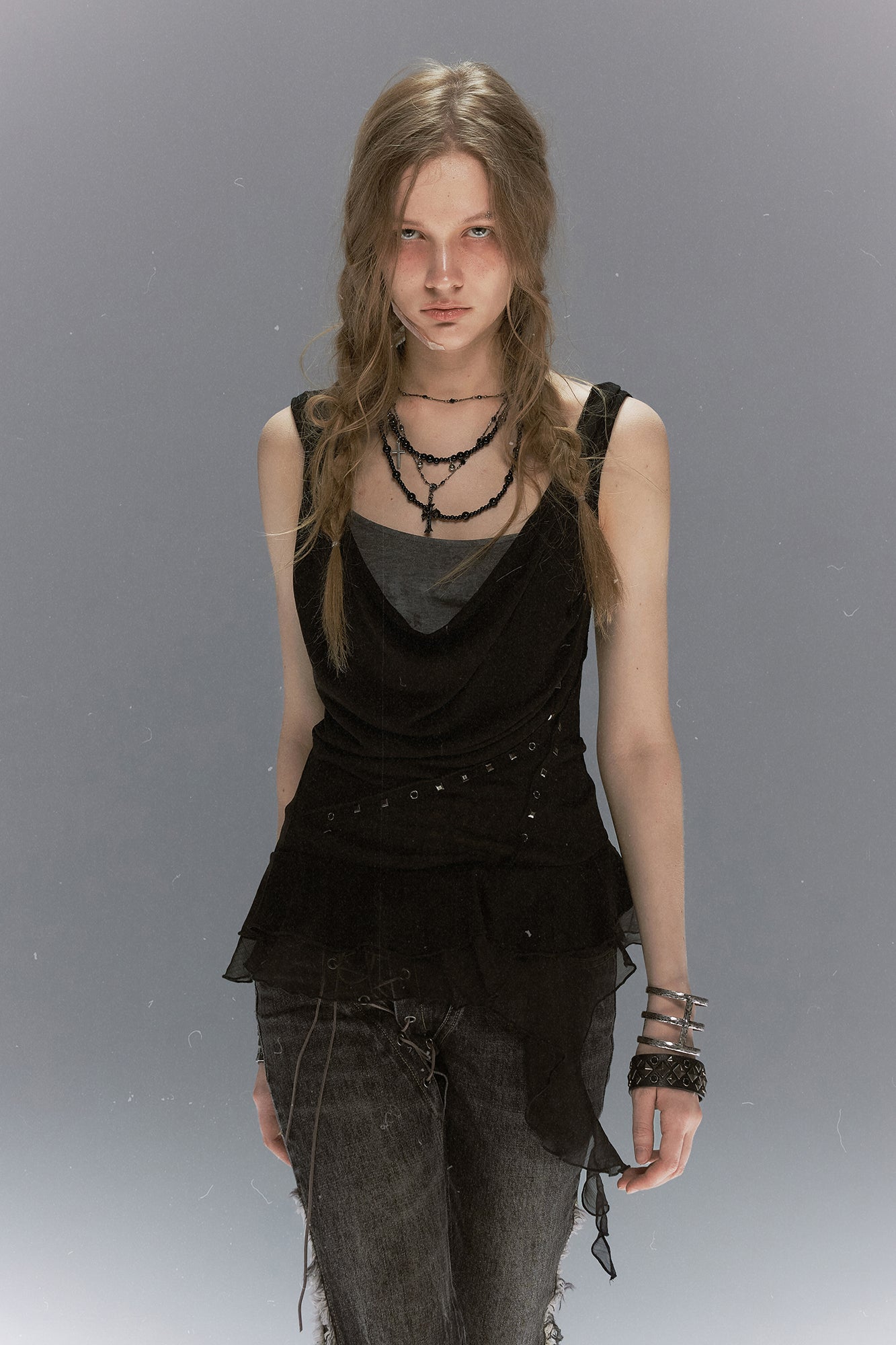 CESTNOUS Studded Lace-Up Back Ruffle-Hem Tank Top