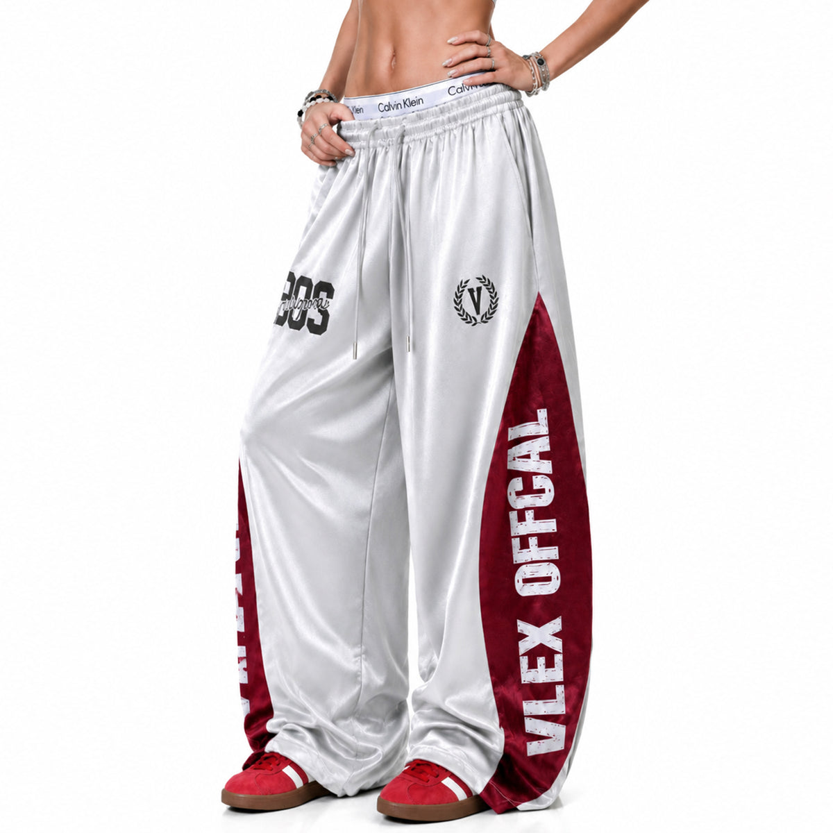 FREE CENTER Spliced Glossy Wide-Leg Sweatpants