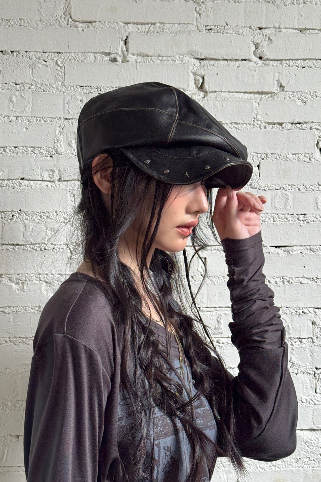 RIDK Faux Leather Studded Newsboy Cap