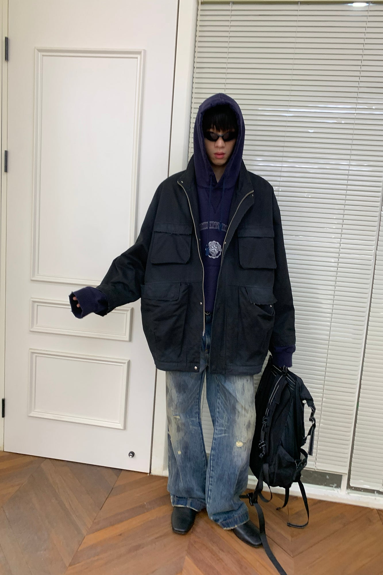 NEVERSEEZ Frayed Multi-Pocket Utility Jacket
