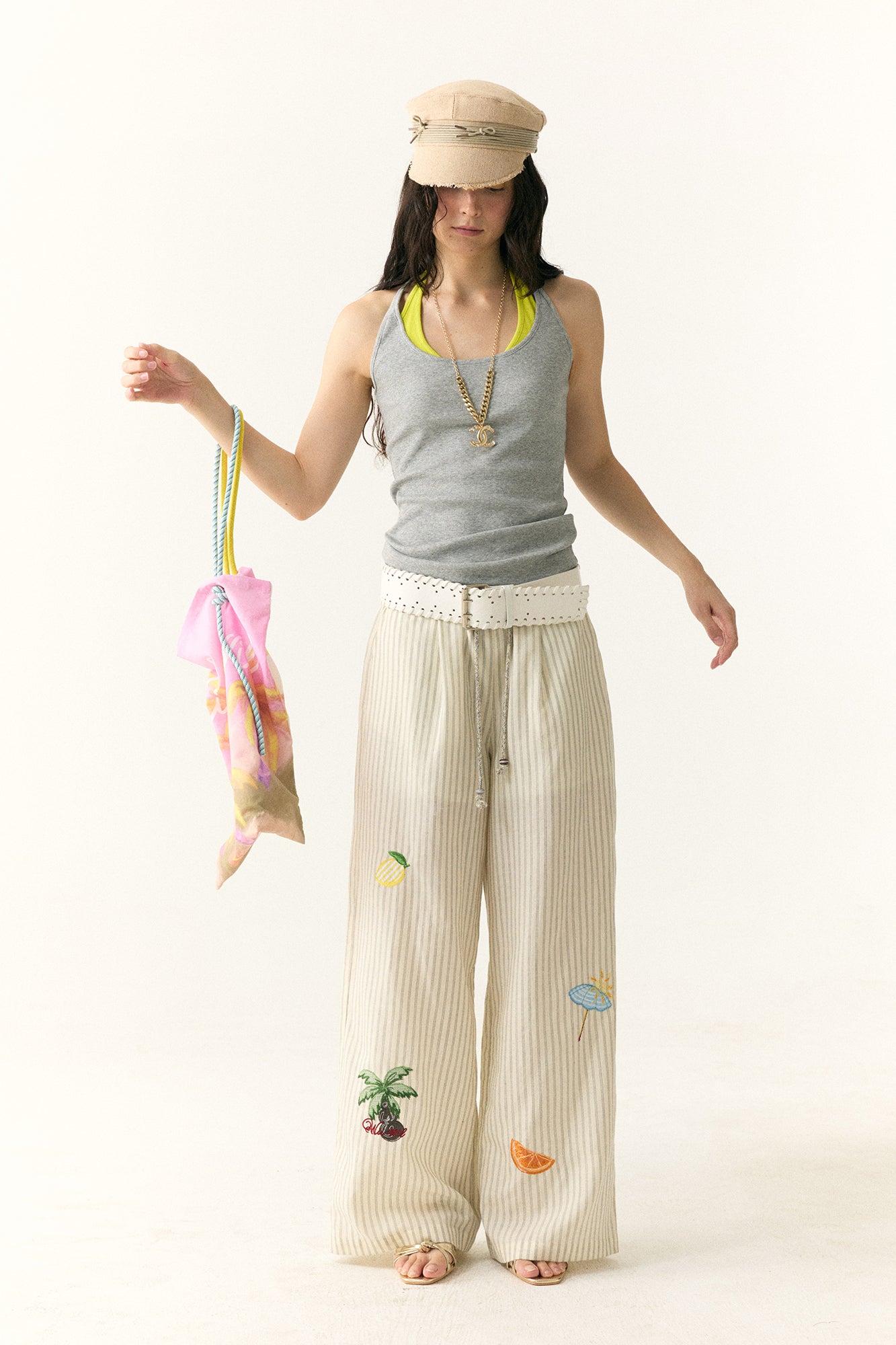 WII WIL Tropical Embroidered Stripe Wide-Leg Pants