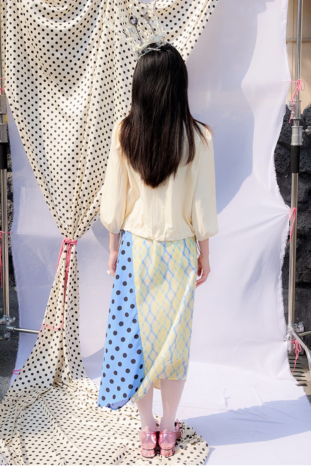 UNSOCIAL NIGHT Spliced Polka-Dot Diamond Midi Skirt