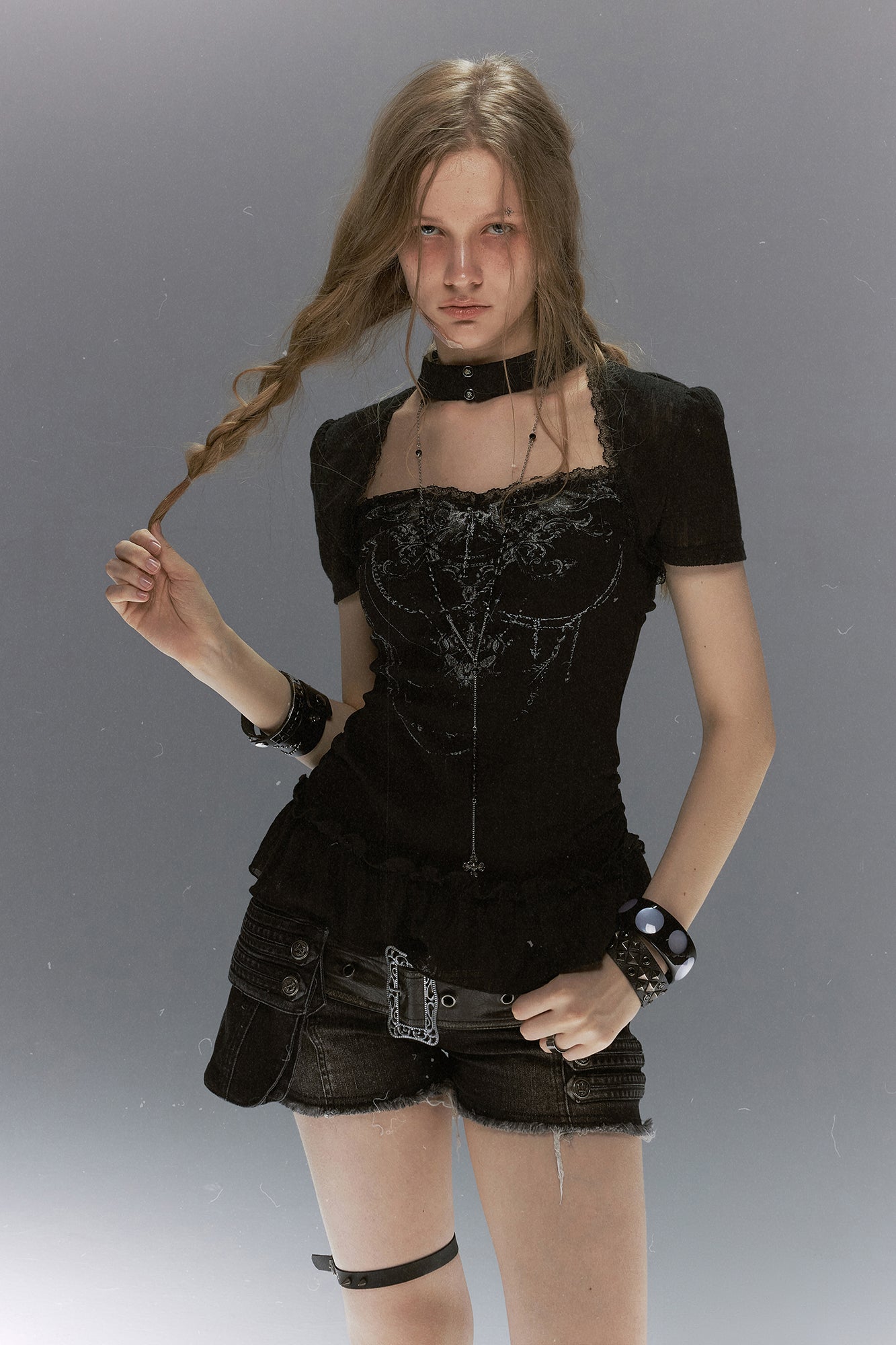 CESTNOUS Gothic Graphic Ruffle-Hem T-Shirt
