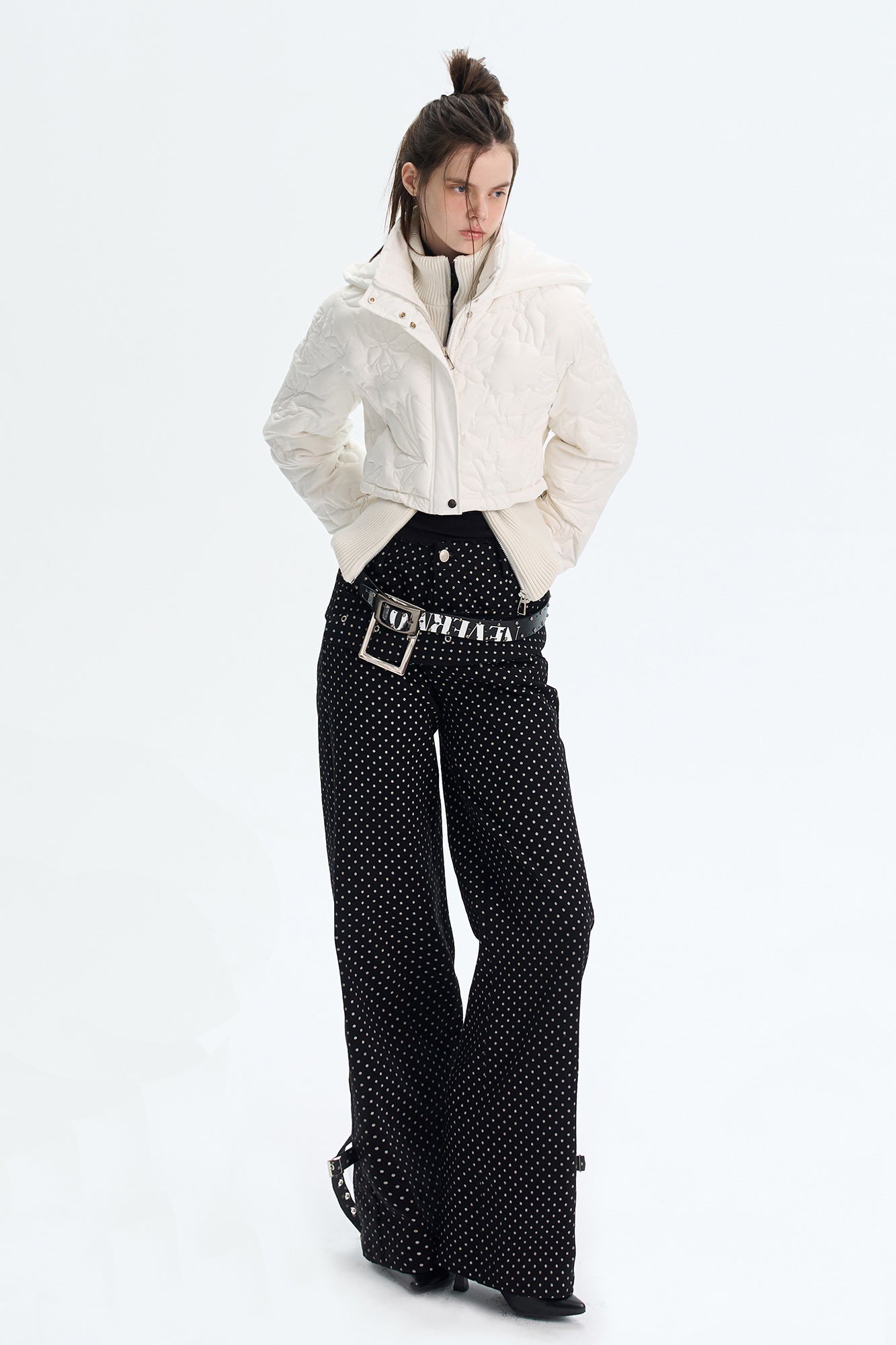 THE NEVERMORE Floral Quilted Mock-Layered Cropped Down Jacket