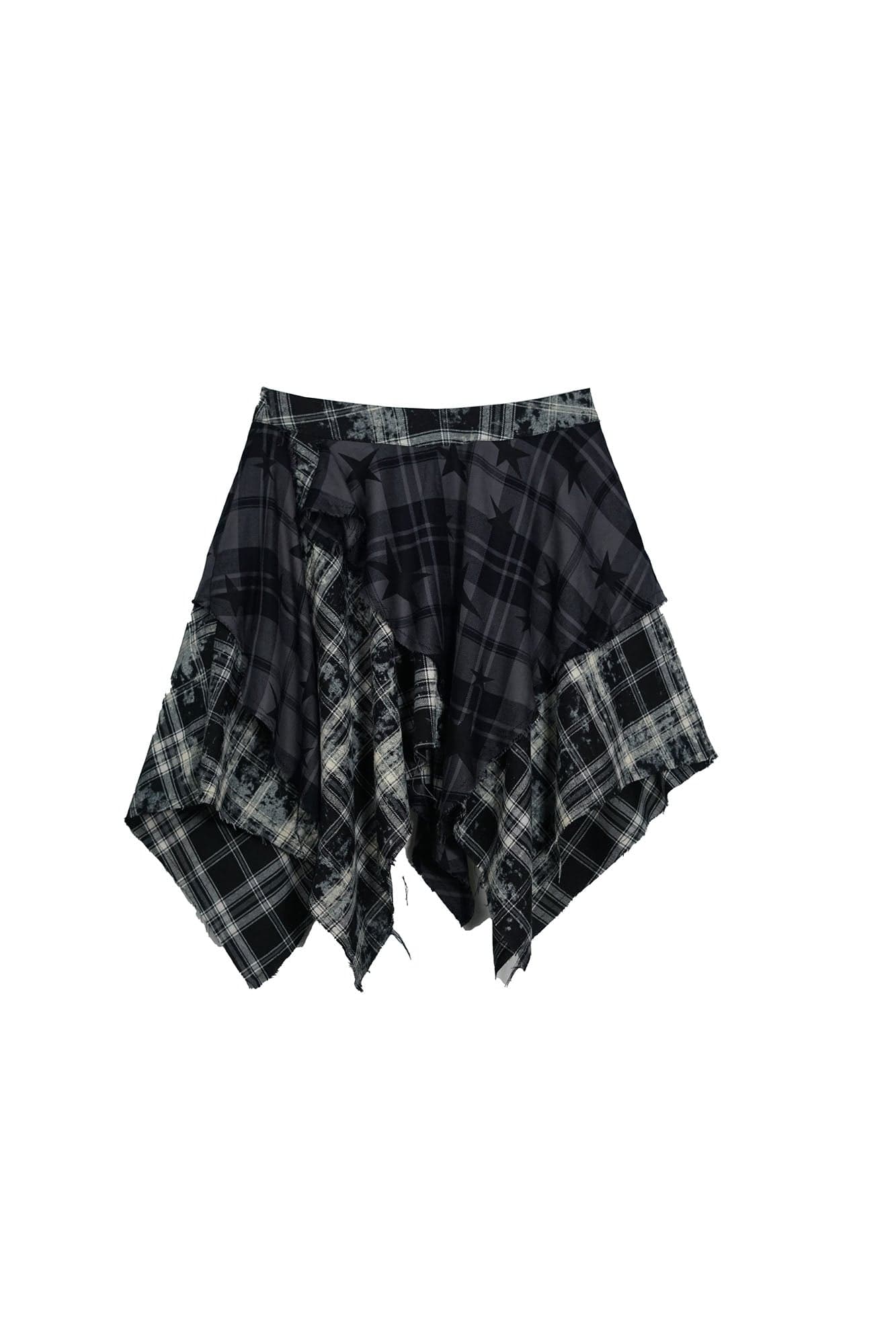 CESTNOUS Asymmetrical Star Plaid Raw Edge Skirt