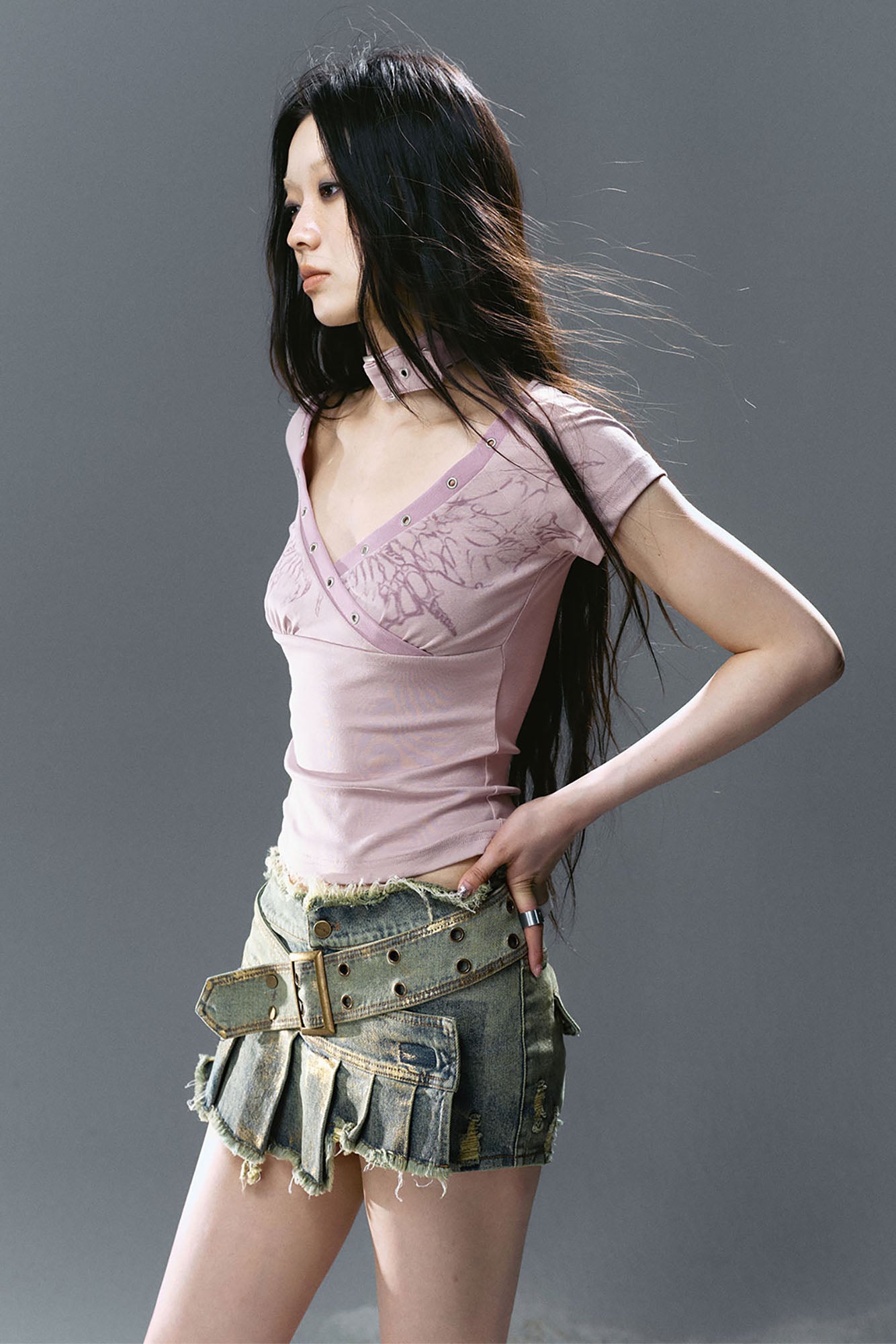 CESTNOUS Gold-Foil Paneled Frayed Denim Skort