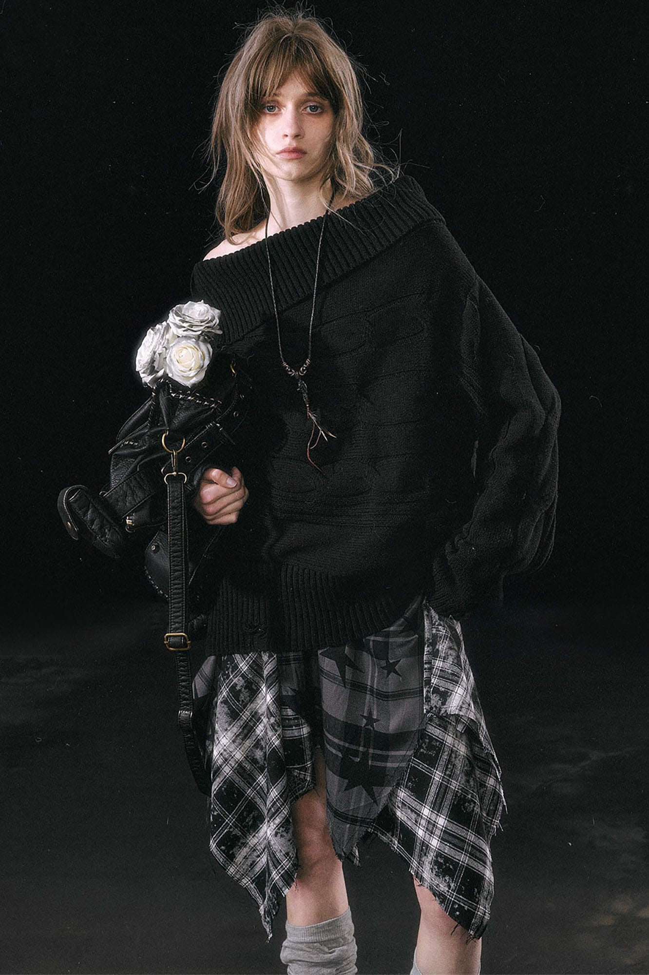 CESTNOUS Asymmetrical Star Plaid Raw Edge Skirt