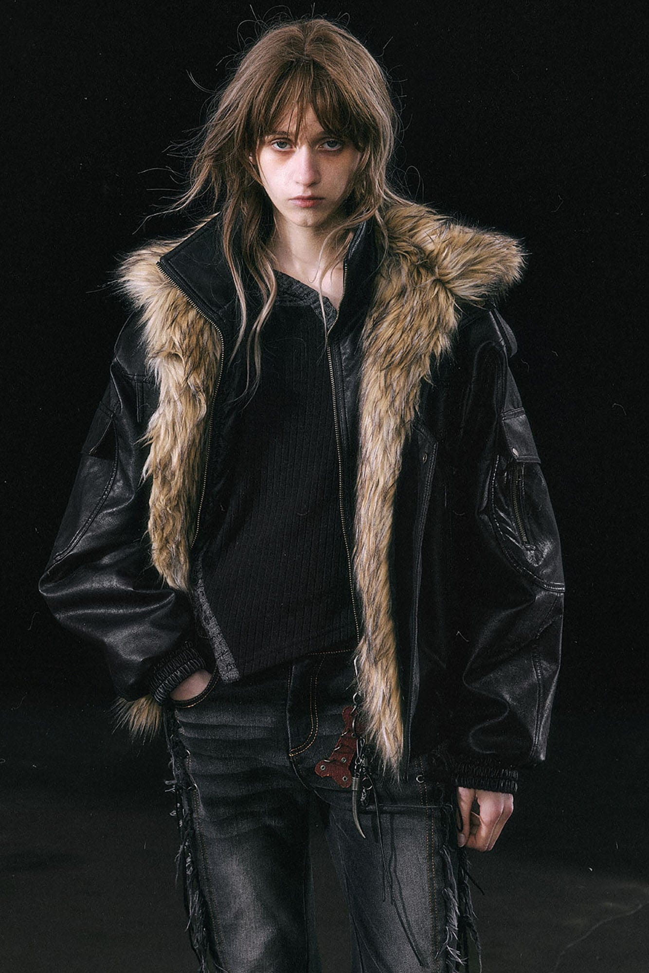 CESTNOUS Detachable Faux Fur-Lined Bomber Jacket